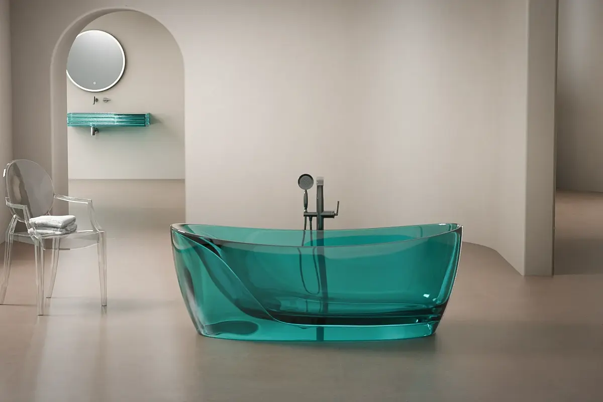 Baignoire îlot bleue en résine translucide, forme rectangulaire adoucie, posée en pleine lumière.