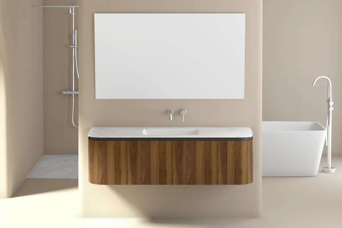 Meuble vasque suspendu 150 cm en bois noyer, plan en marbre blanc, vasque encastrée sous plan en céramique, design arrondi.