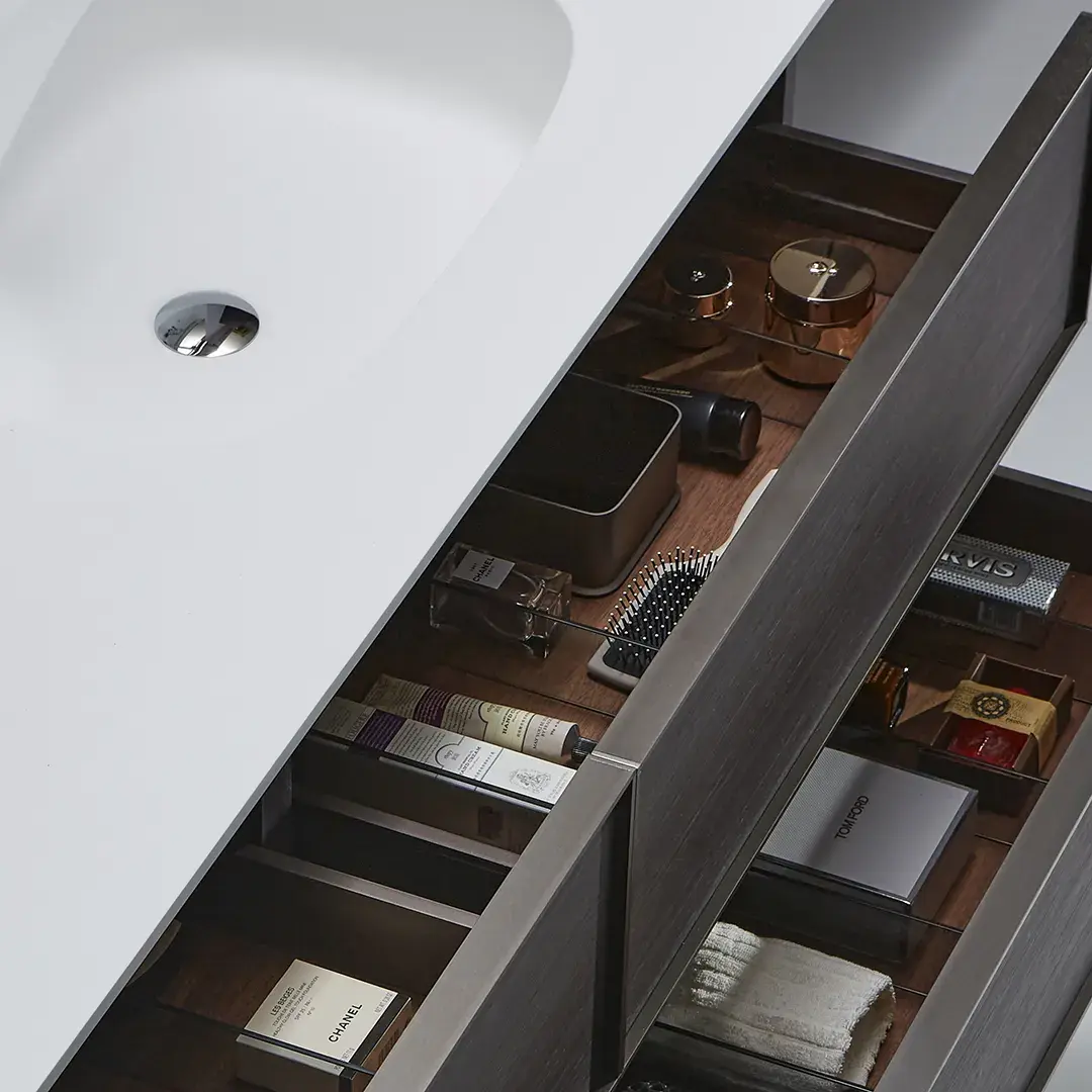 Ensemble meuble bois, vasque solid surface, 160x55 miroir et rangement, Mimax