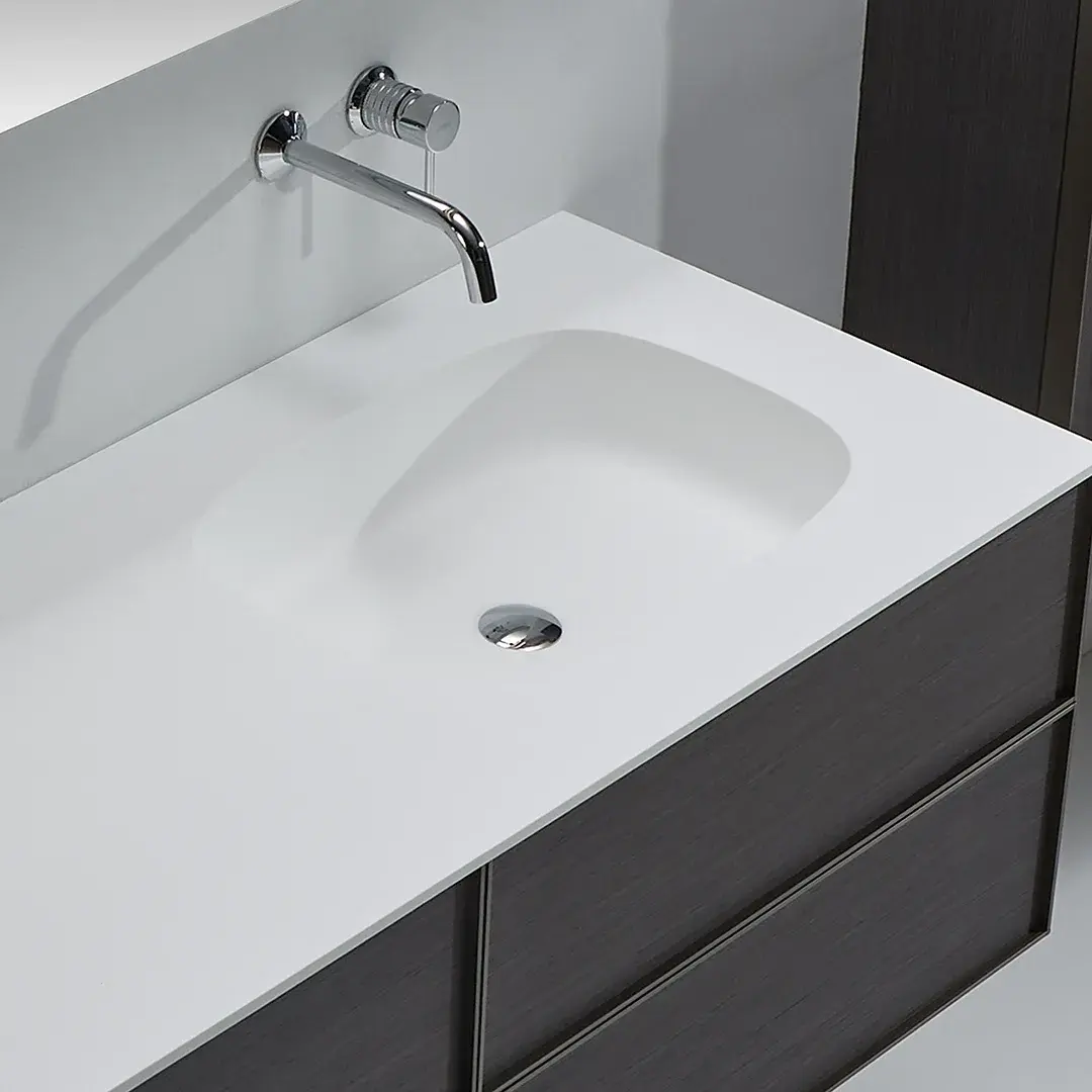 Ensemble meuble bois, vasque solid surface, 160x55 miroir et rangement, Mimax