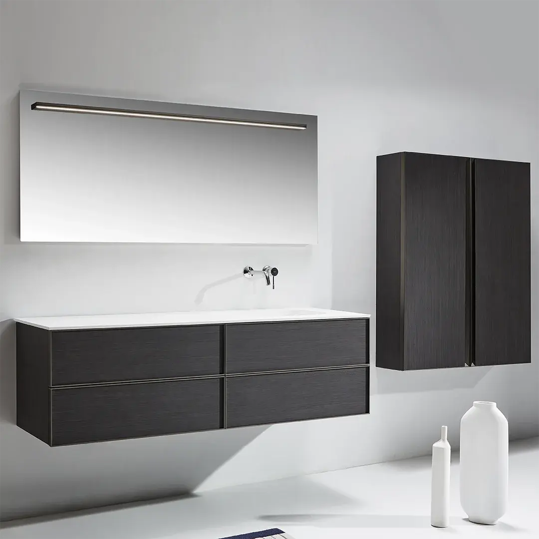 Ensemble meuble bois, vasque solid surface, 160x55 miroir et rangement, Mimax