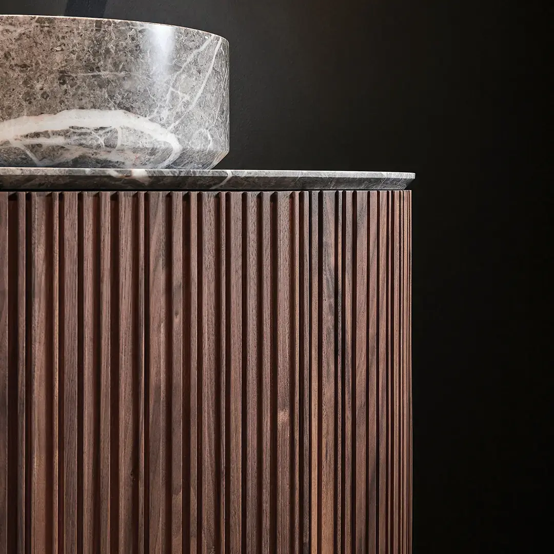 Ensemble meuble bois cannelé, plan et vasque à poser en marbre véritable,160x45cm, miroirs, Bello 