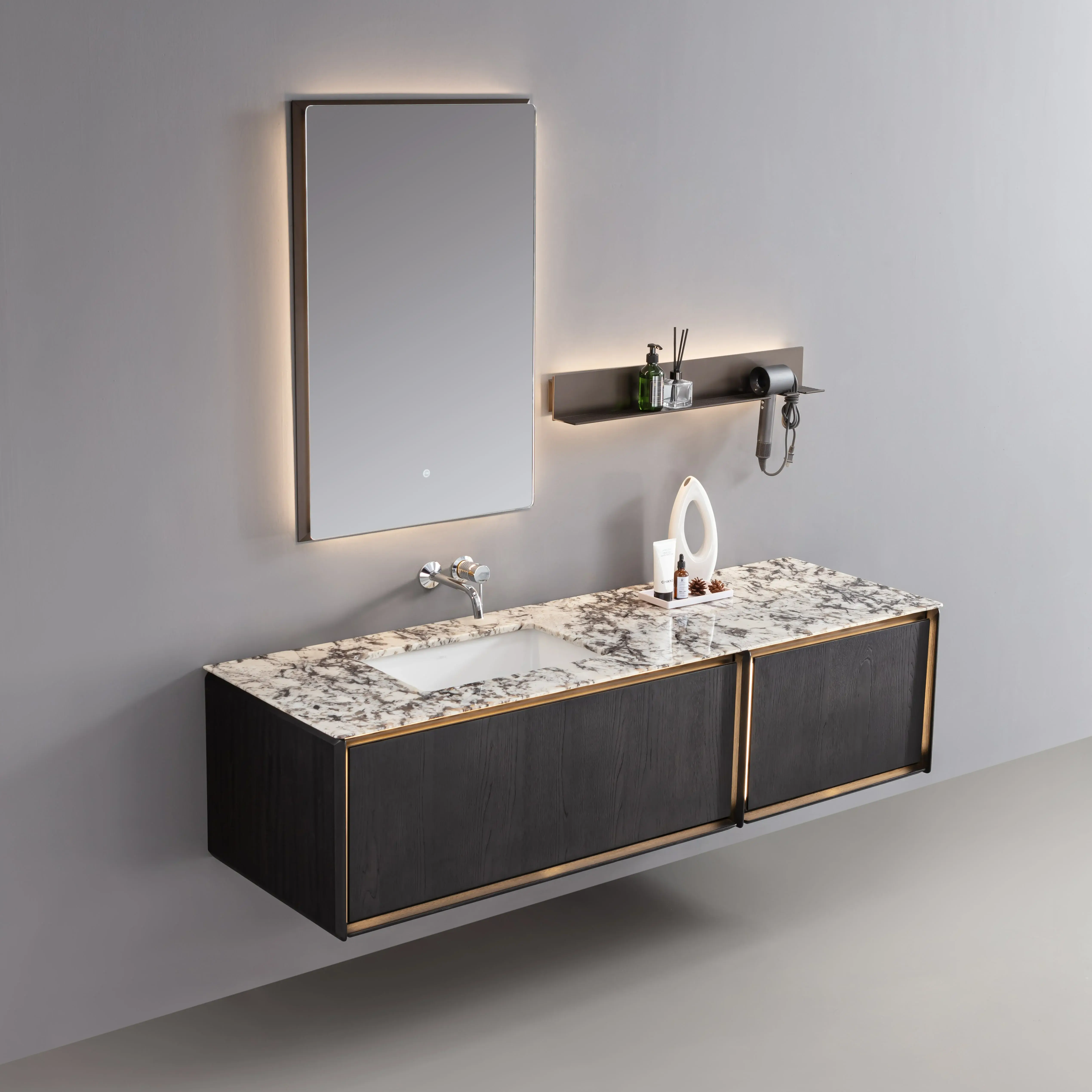 Ensemble meuble vasque, bois Ebene, plan marbre véritable 180x58cm, miroir, étagère, Ebano 
