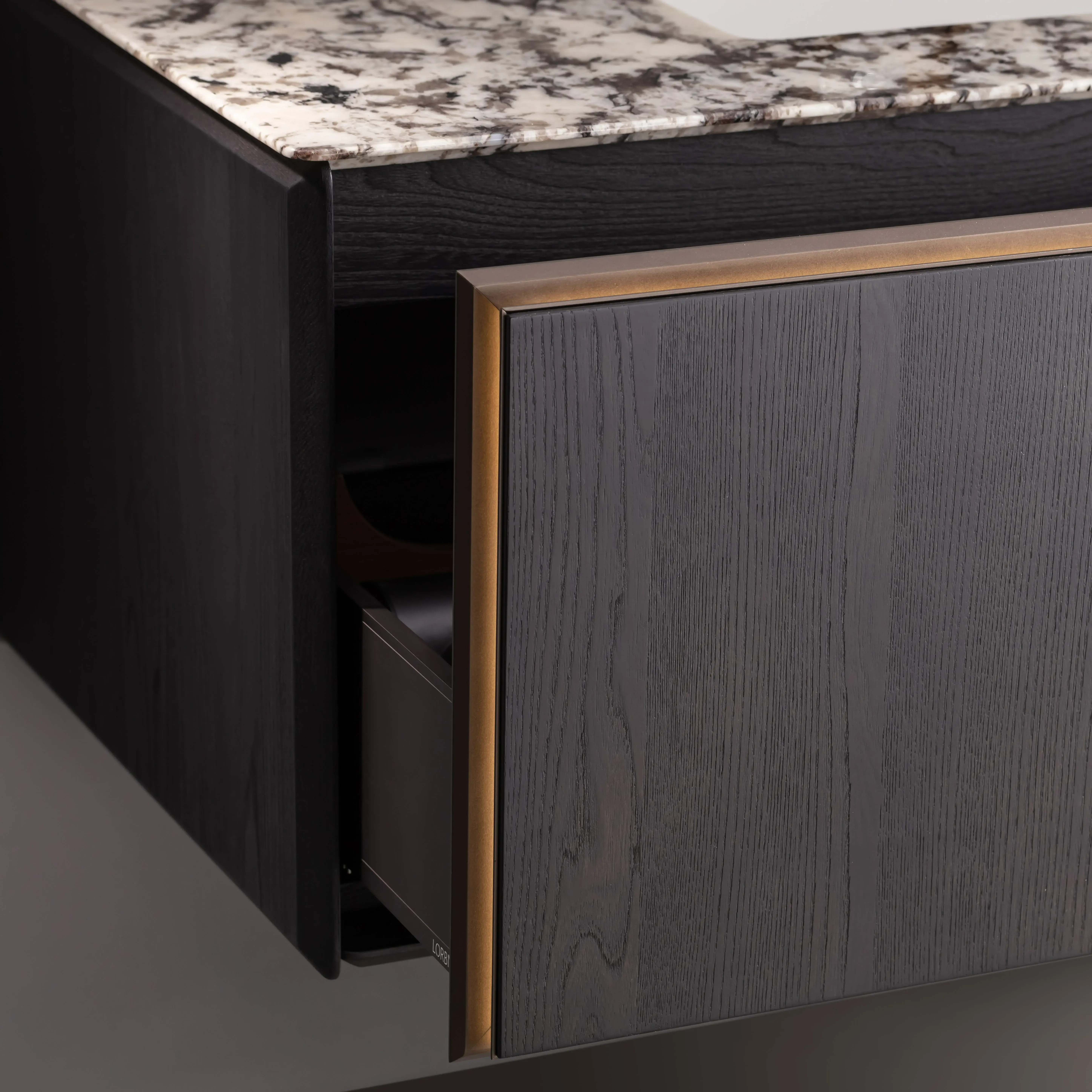 Ensemble meuble vasque, bois Ebene, plan marbre véritable 180x58cm, miroir, étagère, Ebano 