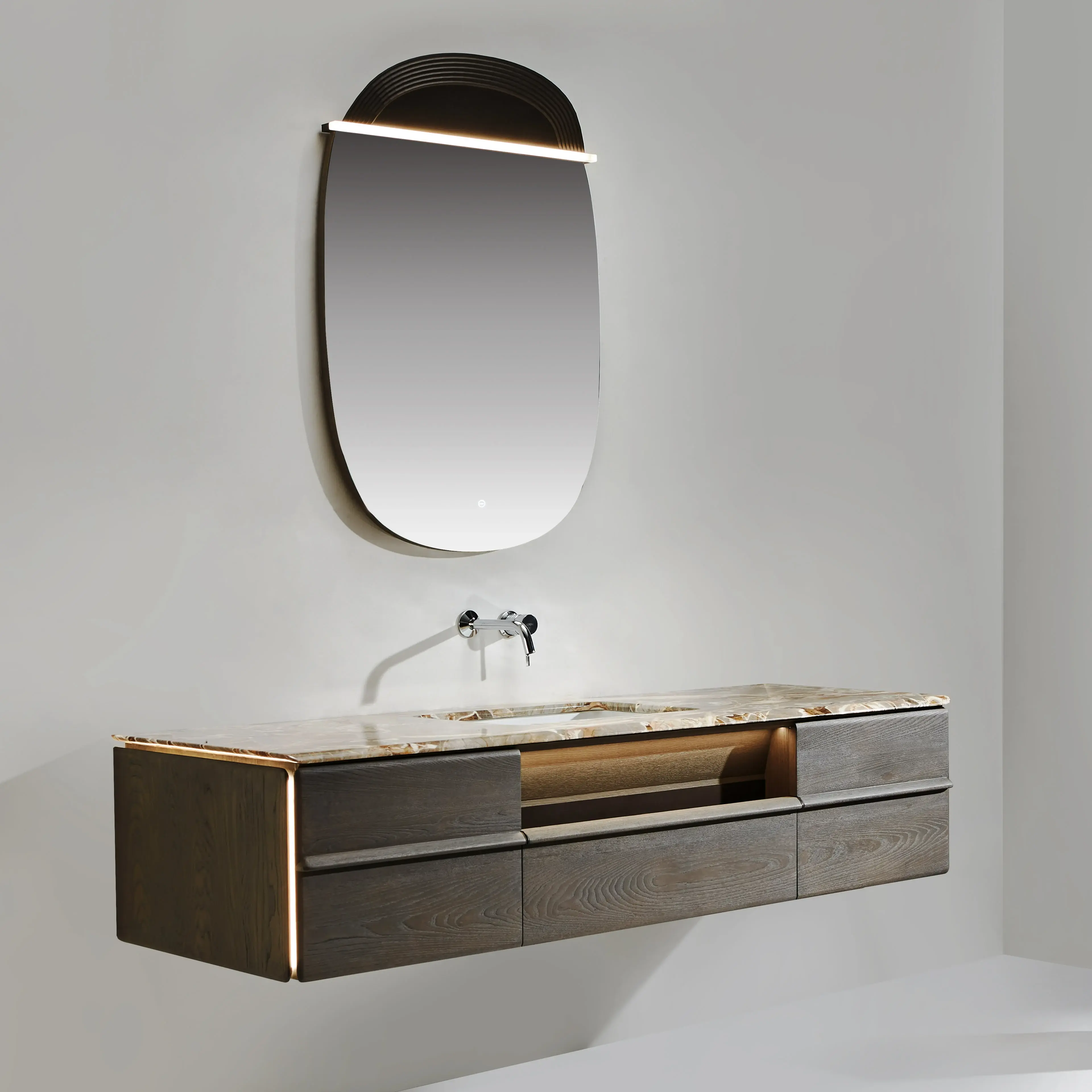 Ensemble meuble, plan en Onyx véritable 180x60, vasque encastrée en céramique, miroir, Onyx 
