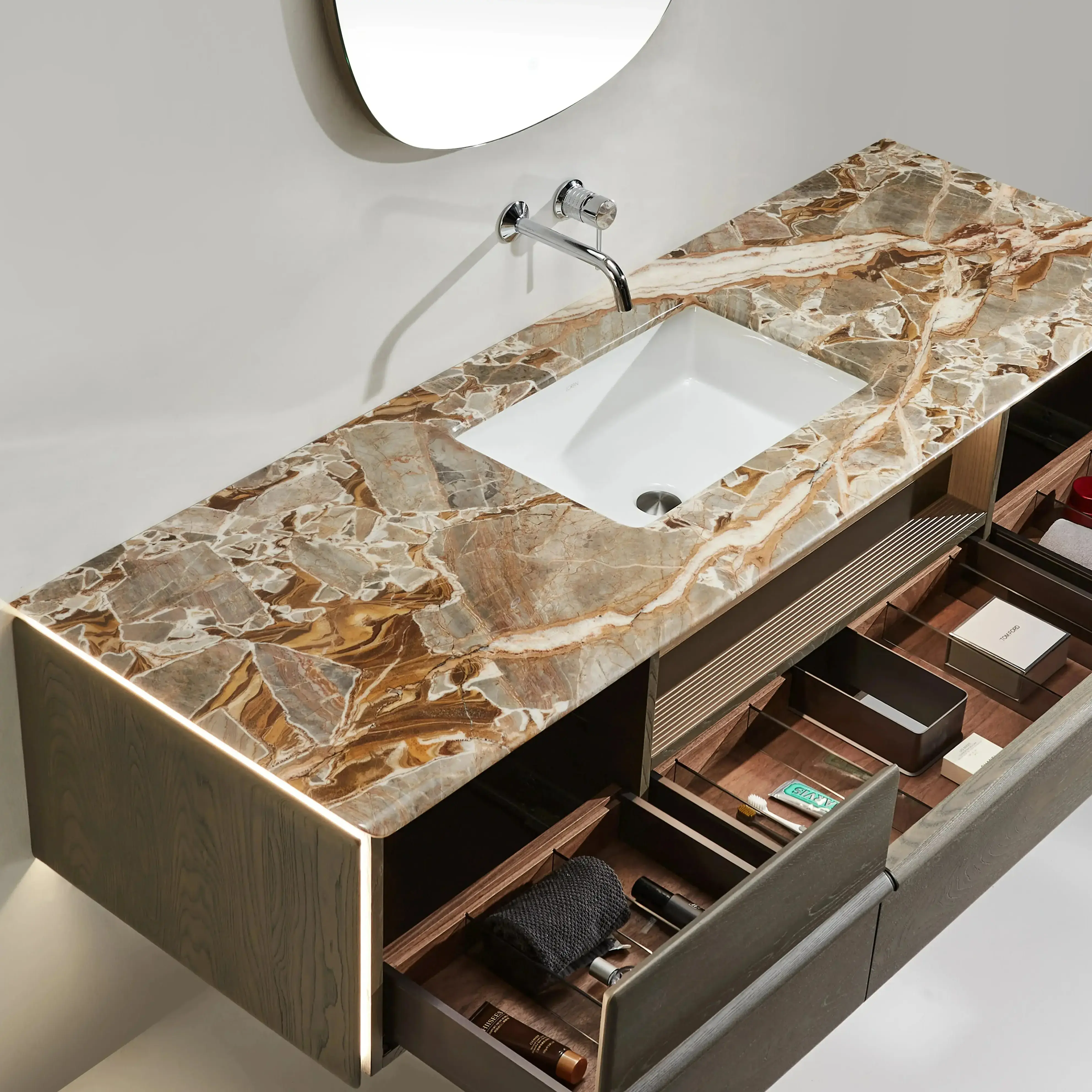 Ensemble meuble, plan en Onyx véritable 180x60, vasque encastrée en céramique, miroir, Onyx 