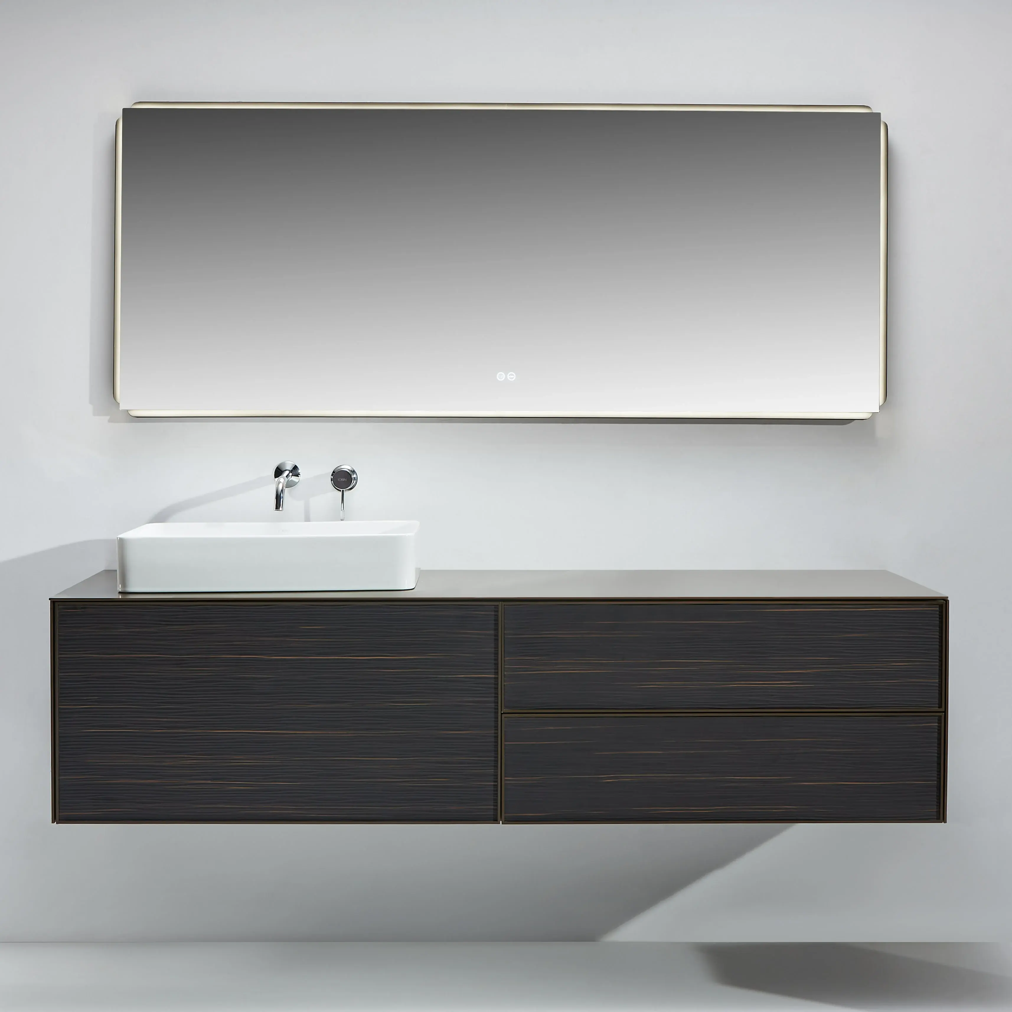 Ensemble meuble vasque, plan en aluminium brun doré, vasque, miroir, Palissandre Rio