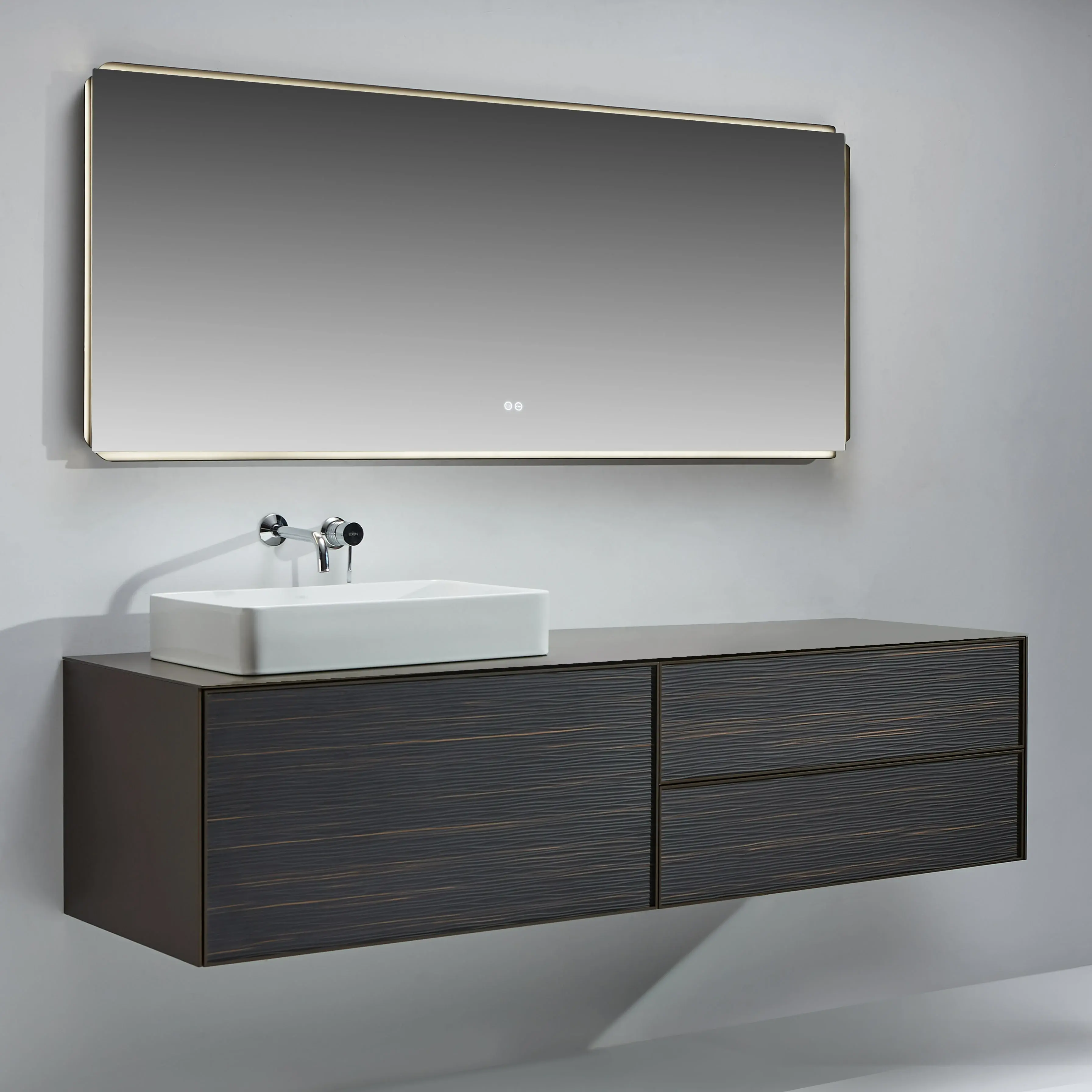 Ensemble meuble vasque, plan en aluminium brun doré, vasque, miroir, Palissandre Rio