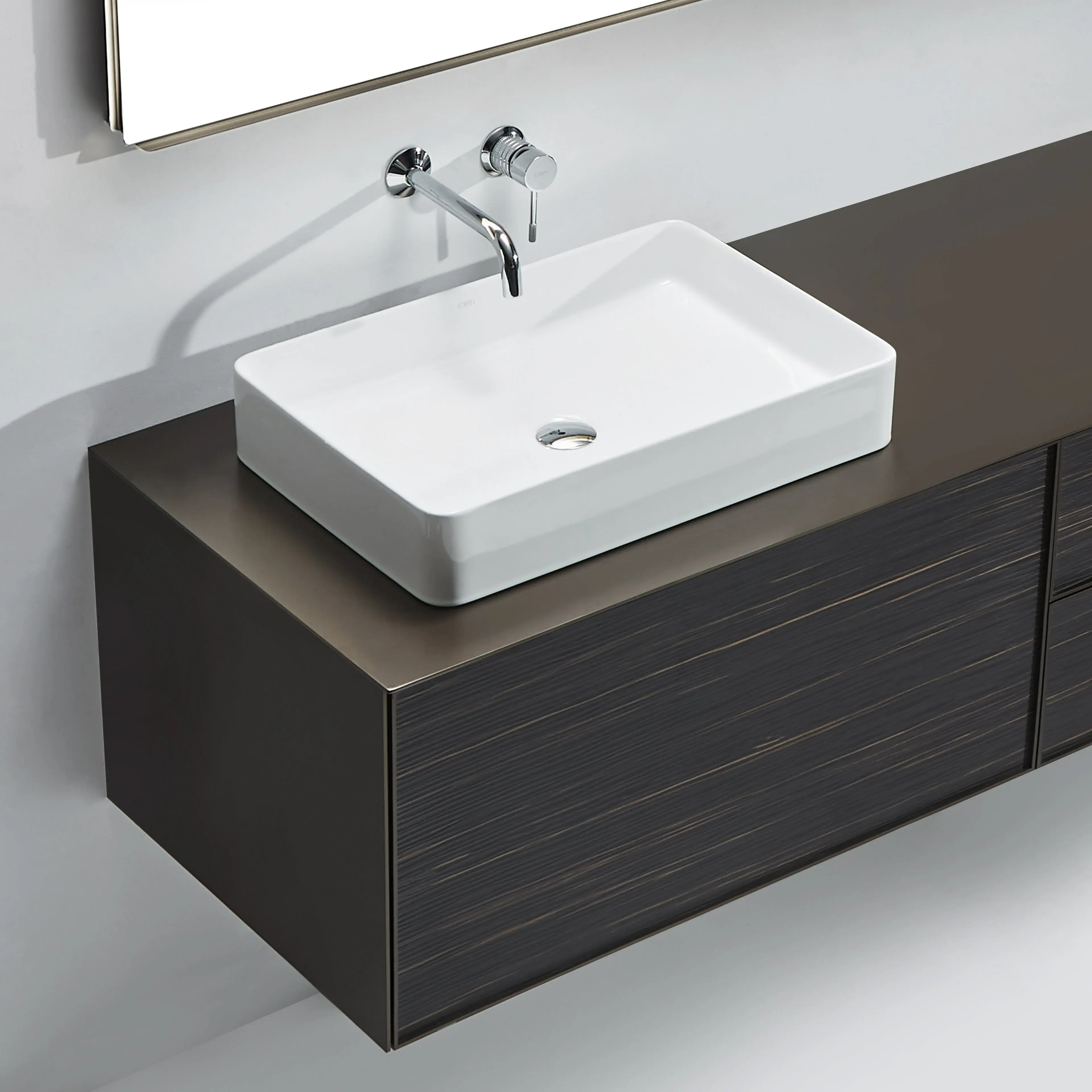 Ensemble meuble vasque, plan en aluminium brun doré, vasque, miroir, Palissandre Rio