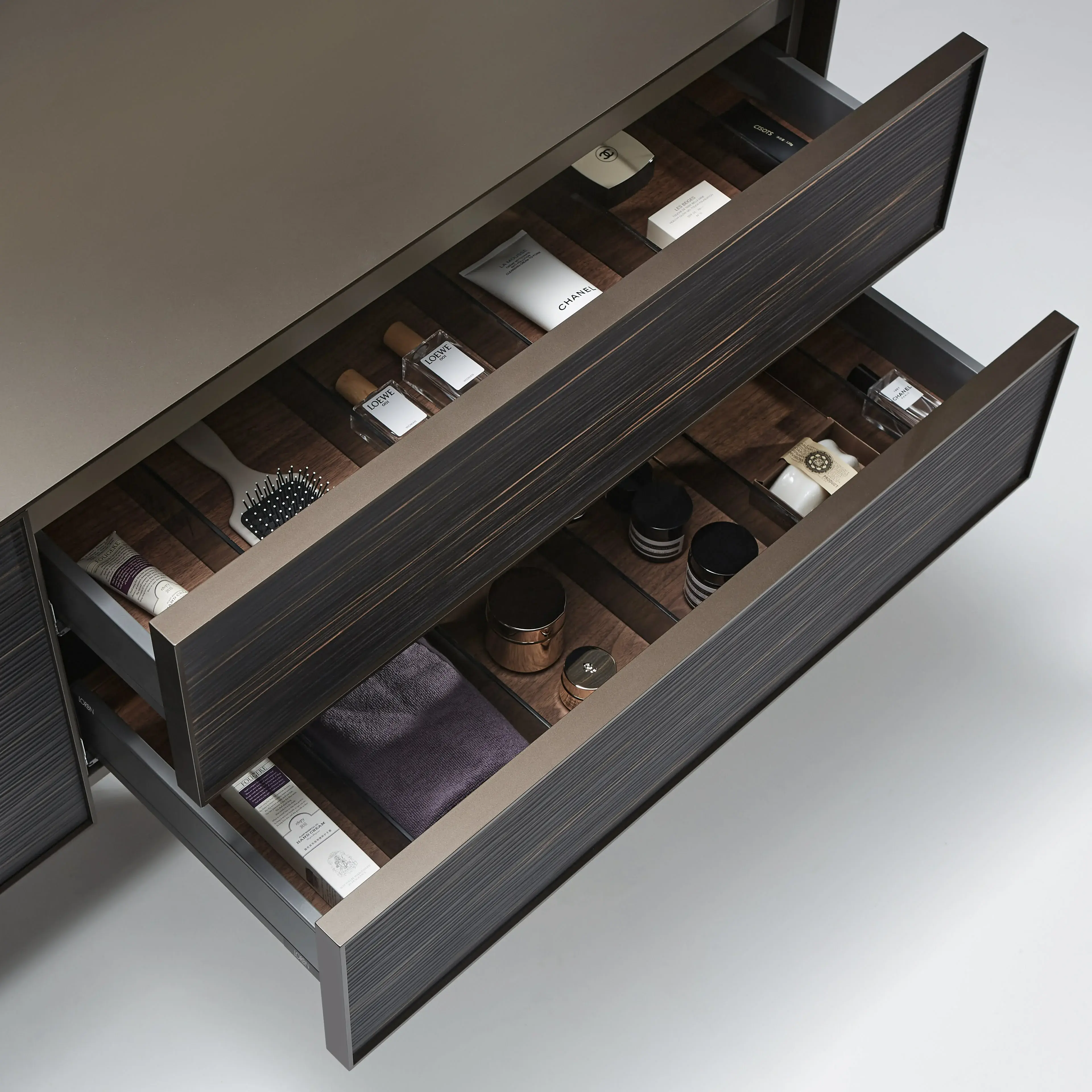 Ensemble meuble vasque, plan en aluminium brun doré, vasque, miroir, Palissandre Rio