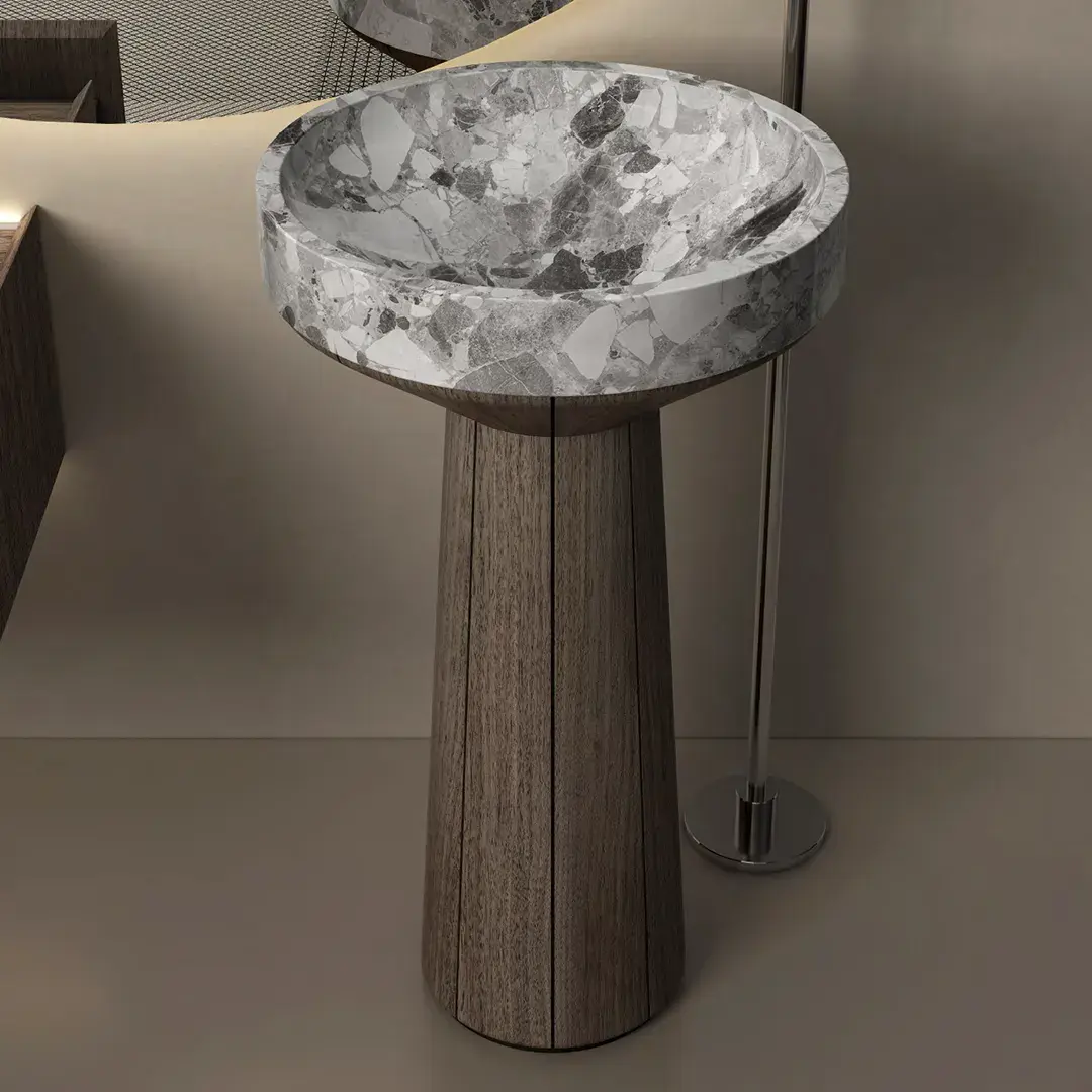 Ensemble vasque marbre véritable, piedestal Noyer , meuble de rangement, étagère , miroir,  Beno