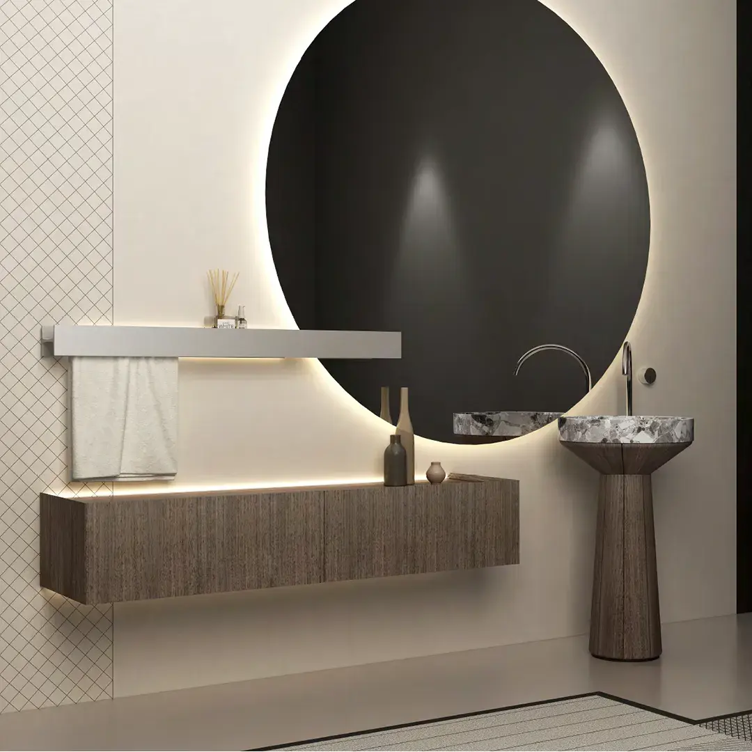 Ensemble vasque marbre véritable, piedestal Noyer , meuble de rangement, étagère , miroir,  Beno