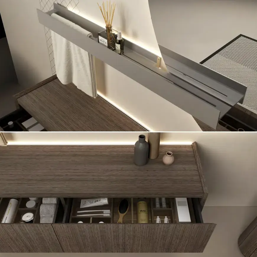 Ensemble vasque marbre véritable, piedestal Noyer , meuble de rangement, étagère , miroir,  Beno