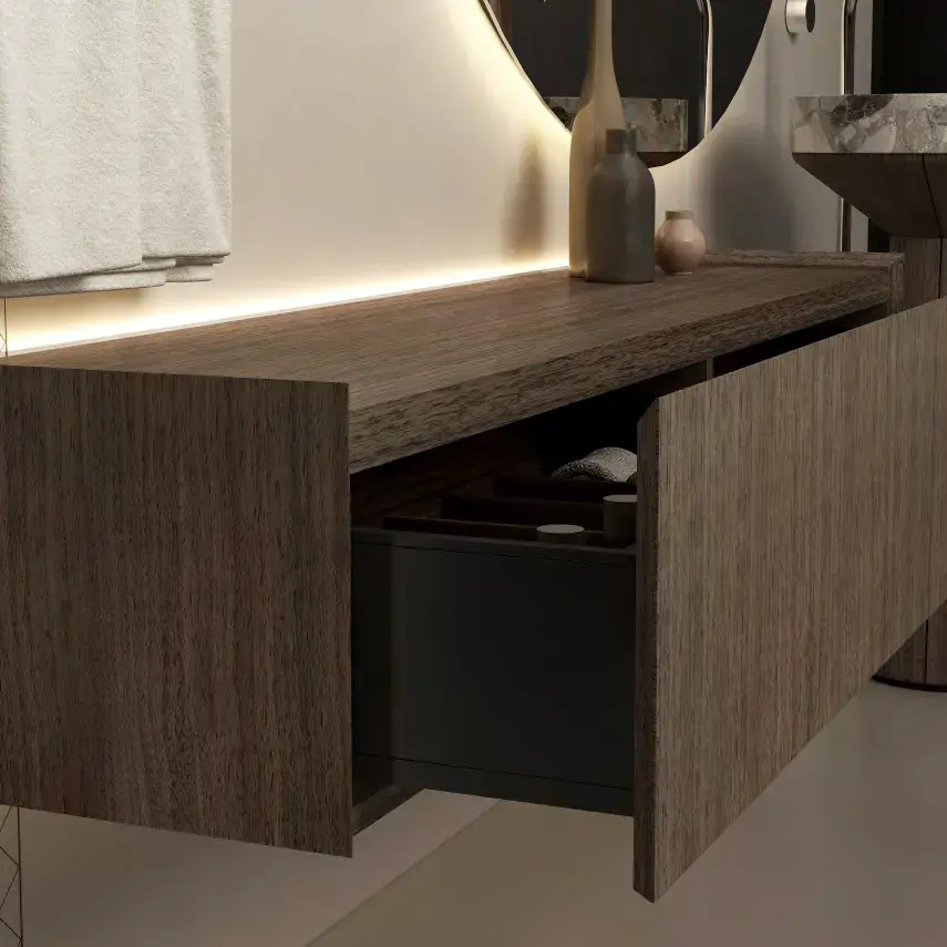 Ensemble vasque marbre véritable, piedestal Noyer , meuble de rangement, étagère , miroir,  Beno