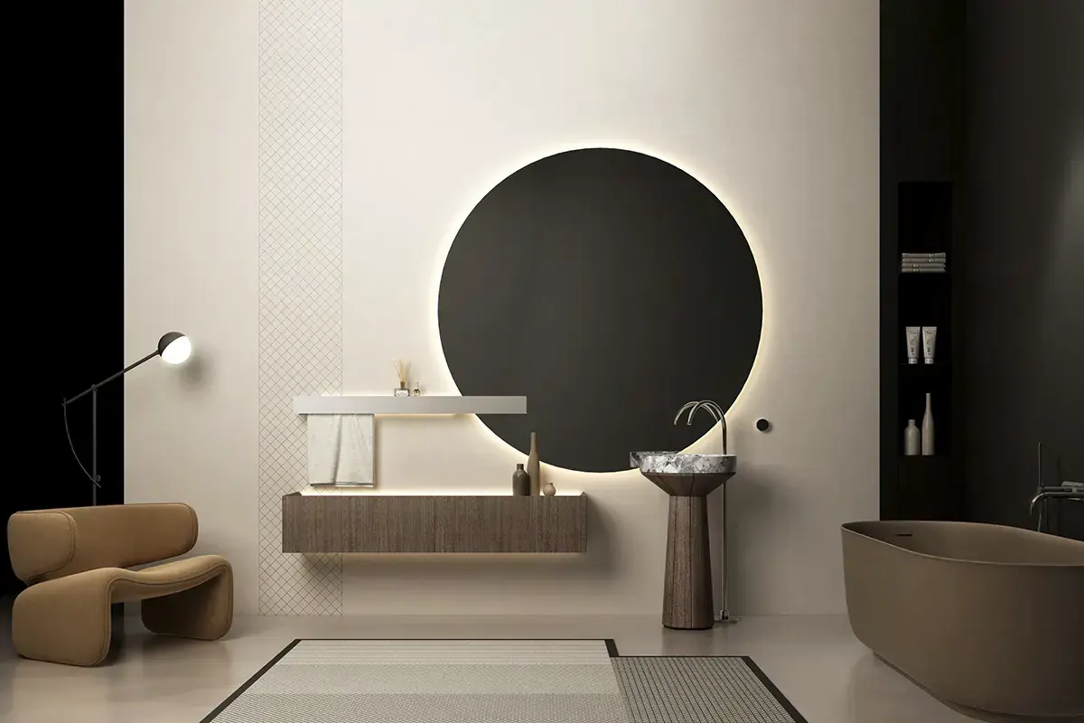 Ensemble vasque Oreo Grey avec piedestal noyer noir diamètre 48 cm, meuble rangement noyer noir 130x42 cm avec éclairage LED, étagère aluminium gris clair laqué LED, miroir 170 cm avec LED, salle de bain moderne design