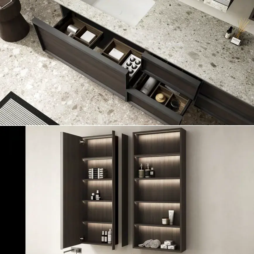 Ensemble meuble vasque bois, plan terrazzo, vasque intégrée en céramique, 280x58 cm, étagère et miroir, Tropo