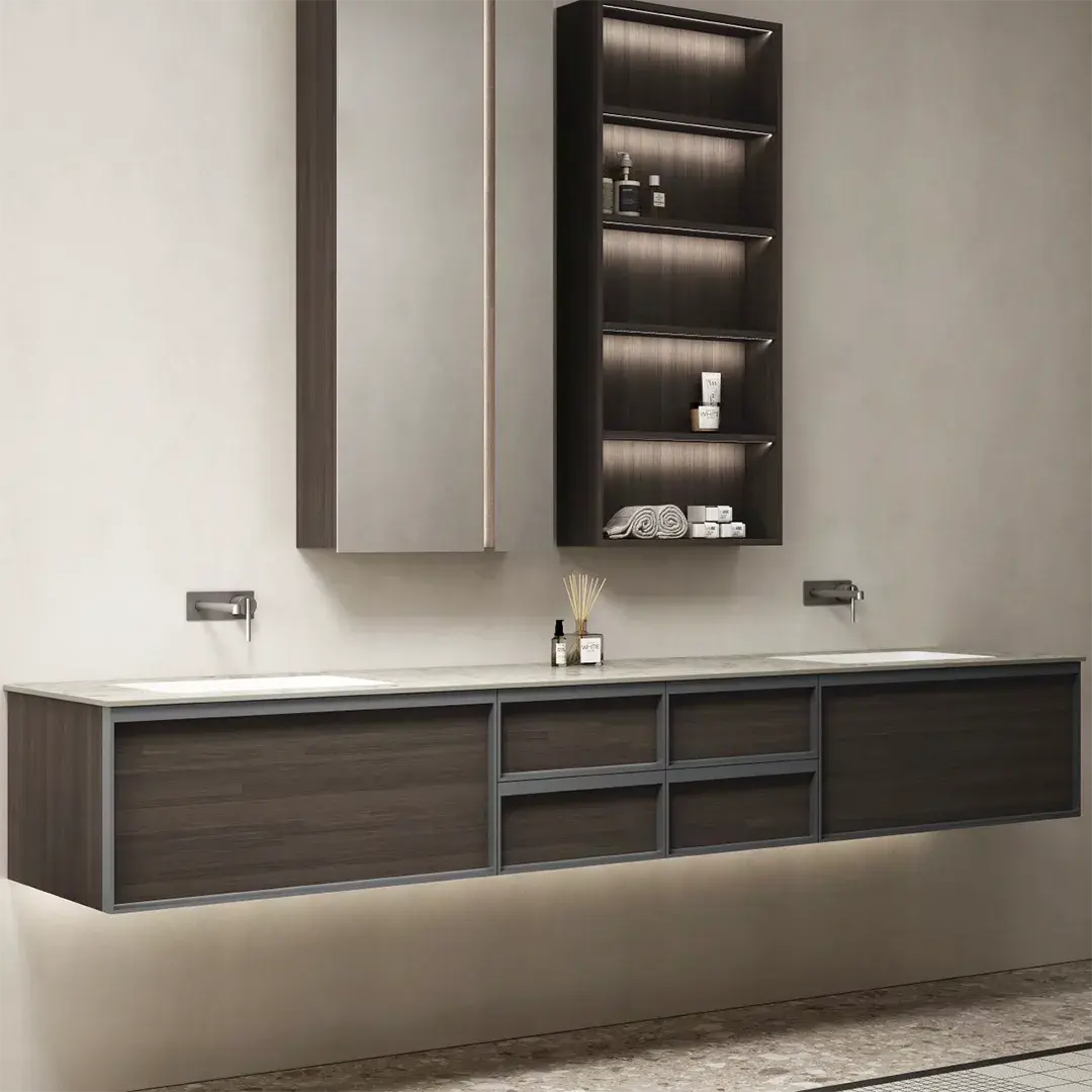 Ensemble meuble vasque bois, plan terrazzo, vasque intégrée en céramique, 280x58 cm, étagère et miroir, Tropo