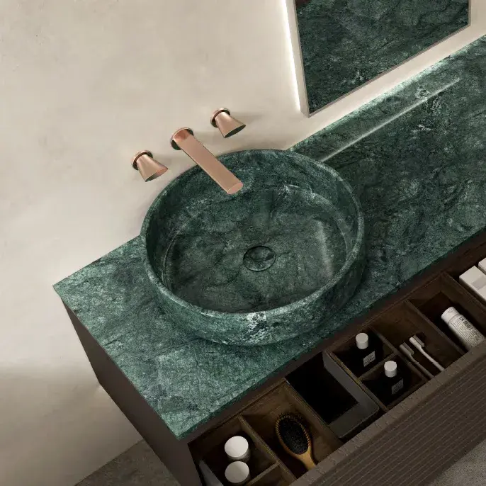 Ensemble meuble vasque cannelé noyer, plan et vasques en marbre vert Jade, 120x55 cm, miroir led, Verde