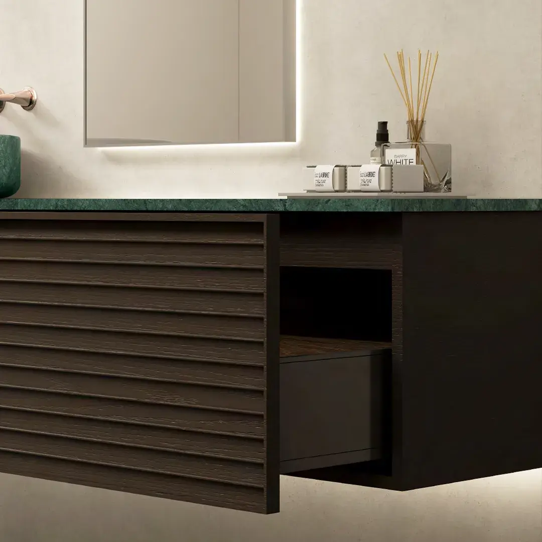 Ensemble meuble vasque cannelé noyer, plan et vasques en marbre vert Jade, 120x55 cm, miroir led, Verde