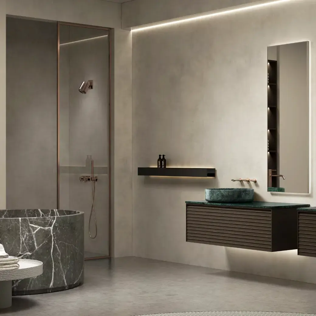 Ensemble meuble vasque cannelé noyer, plan et vasques en marbre vert Jade, 120x55 cm, miroir led, Verde