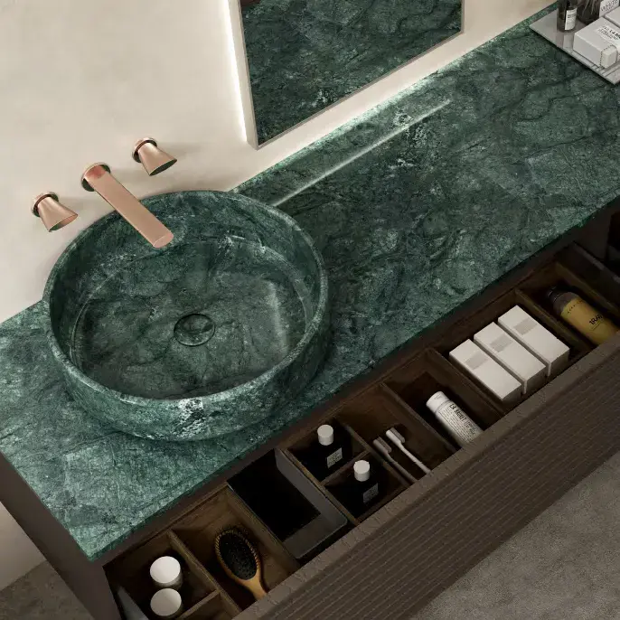 Ensemble meuble vasque cannelé noyer, plan et vasque en marbre vert Jade, 180x55 cm, miroir led, Verde 