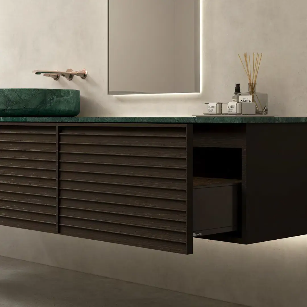 Ensemble meuble vasque cannelé noyer, plan et vasque en marbre vert Jade, 180x55 cm, miroir led, Verde 