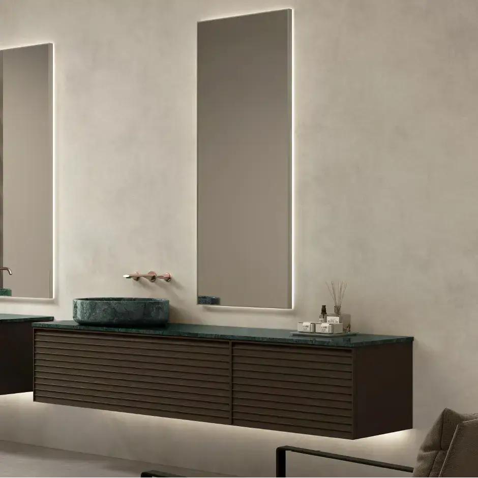 Ensemble meuble vasque cannelé noyer, plan et vasque en marbre vert Jade, 180x55 cm, miroir led, Verde 