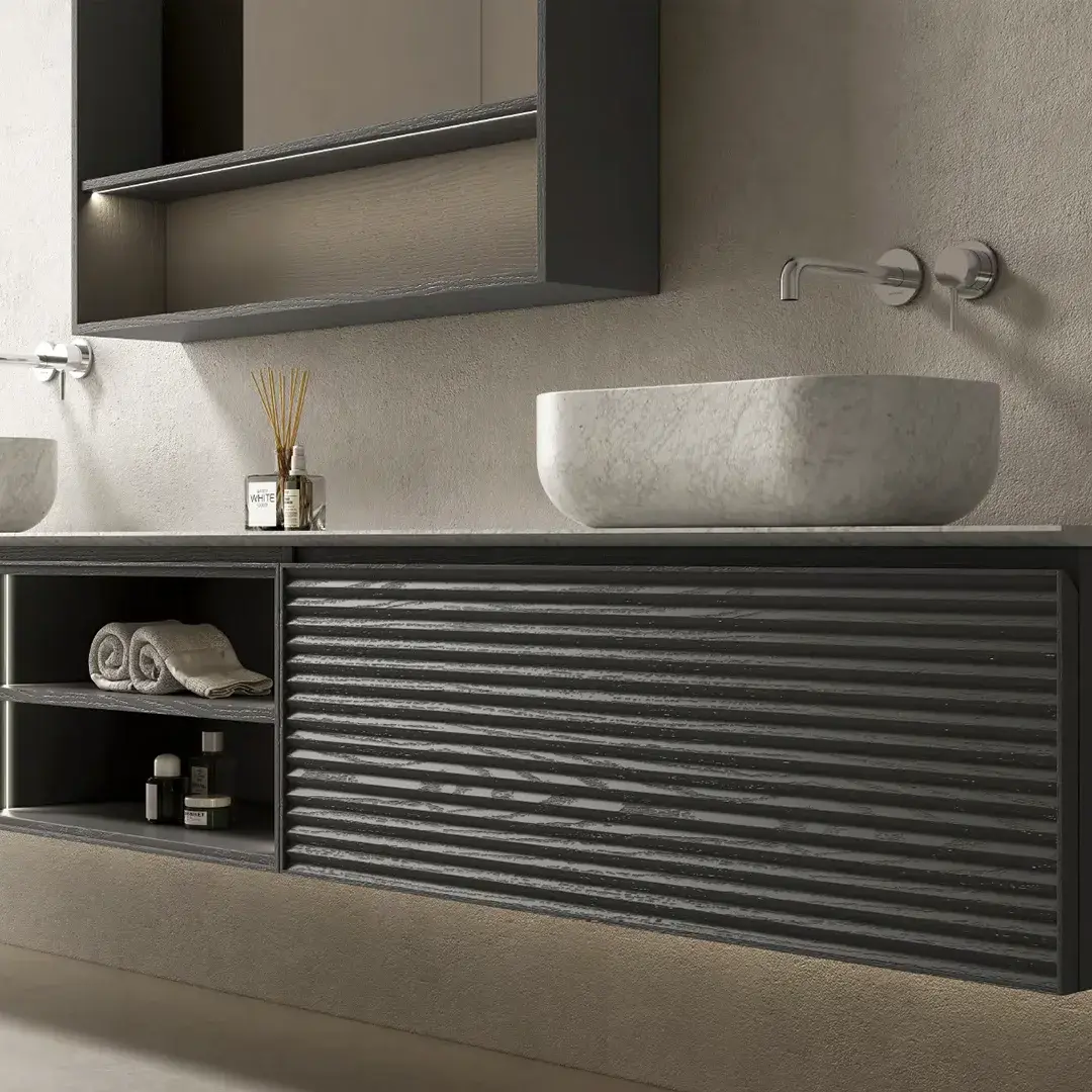 Ensemble meuble vasque cannelé bois, plan et vasques à poser en marbre 280x55, miroir led 100x200, Etto 