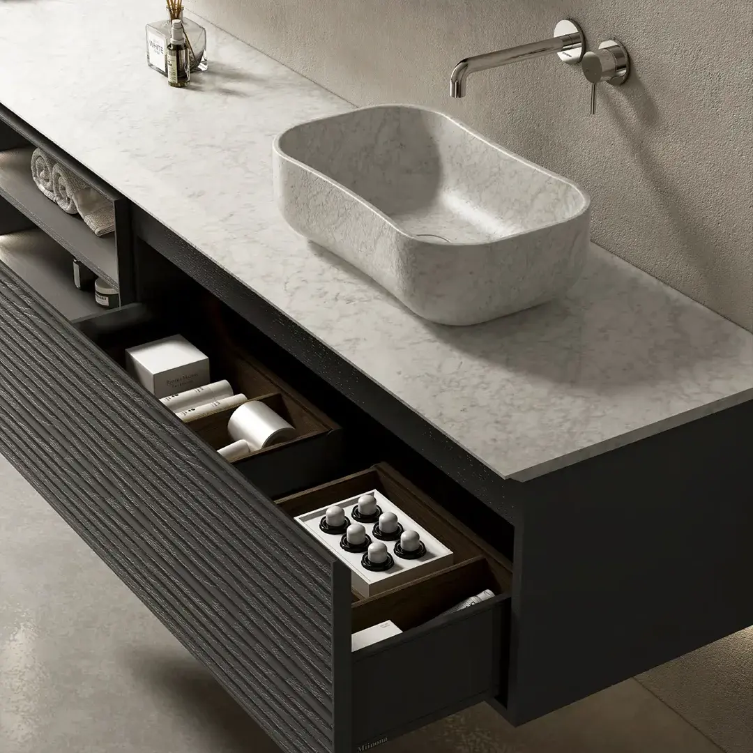 Ensemble meuble vasque cannelé bois, plan et vasques à poser en marbre 280x55, miroir led 100x200, Etto 