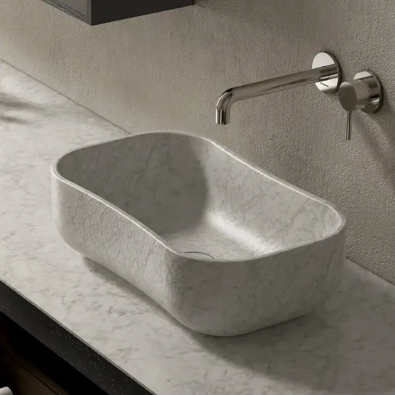 Ensemble meuble vasque cannelé bois, plan et vasques à poser en marbre 280x55, miroir led 100x200, Etto 
