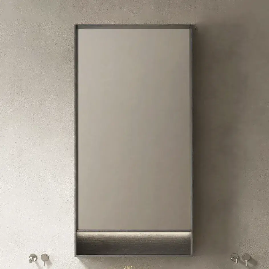 Ensemble meuble vasque cannelé bois, plan et vasques à poser en marbre 280x55, miroir led 100x200, Etto 