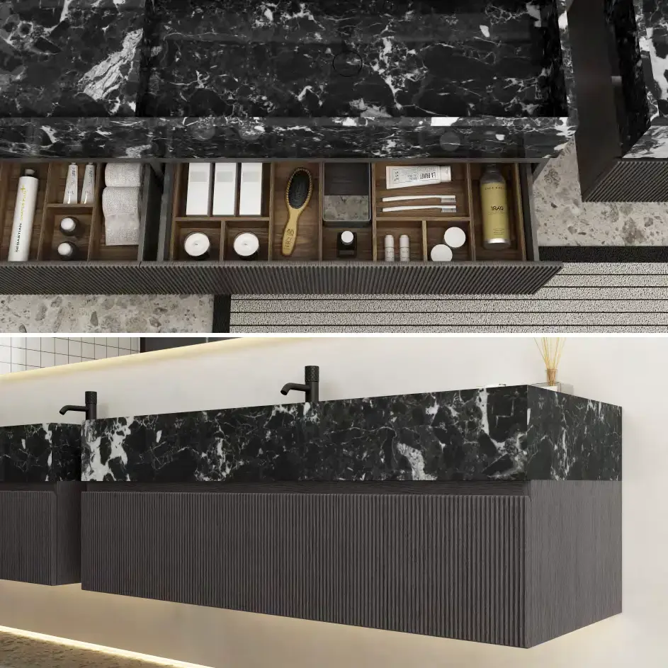 Ensemble, deux meubles vasque indépendants 140x55 Marbre véritable et Bois, Miroir led 300x78, Dimassa