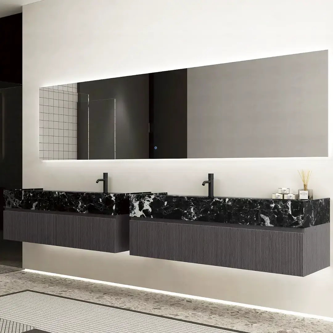Ensemble, deux meubles vasque indépendants 140x55 Marbre véritable et Bois, Miroir led 300x78, Dimassa