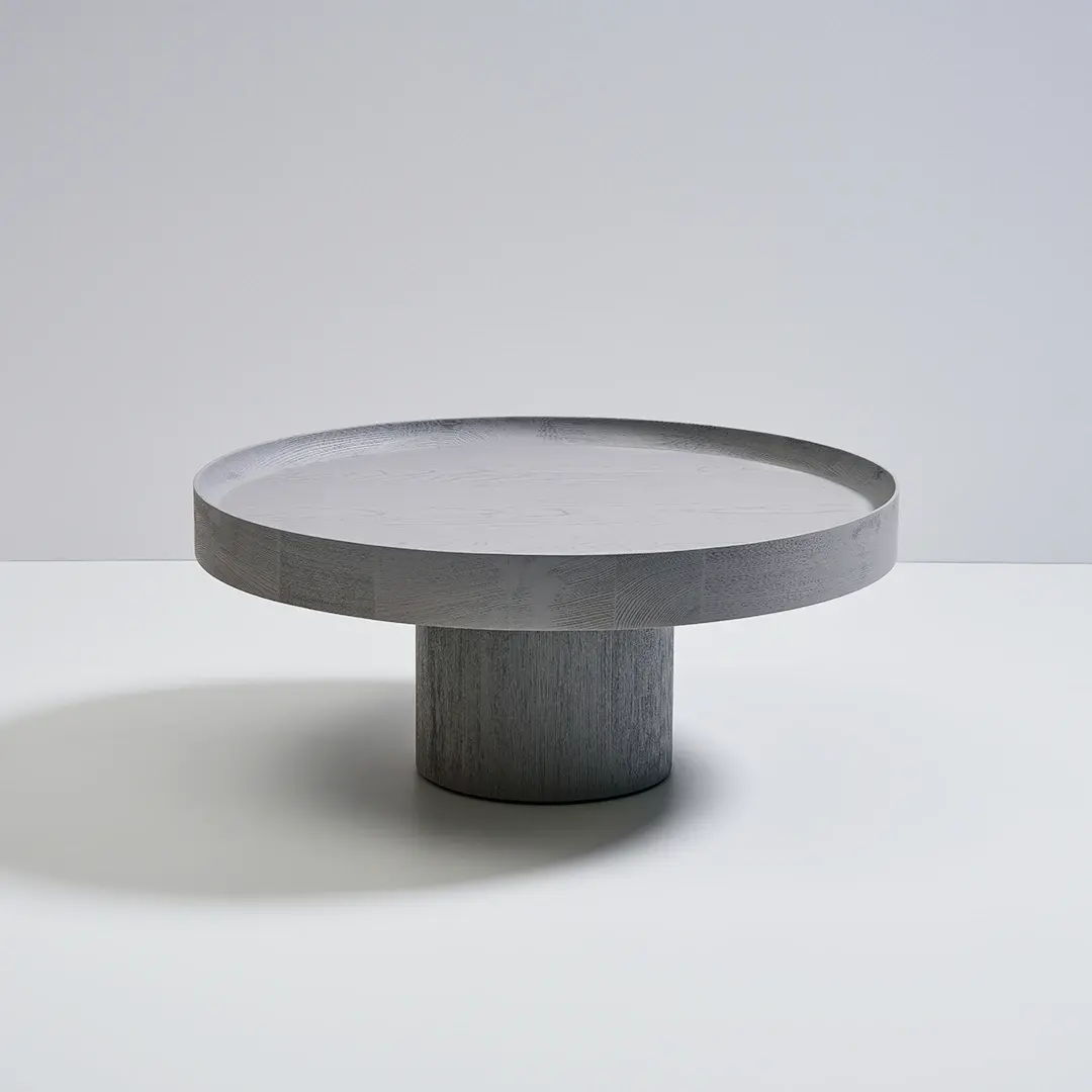 Élégante desserte de salle de bain ronde en bois finition Smoky Grey, composée d'un plateau circulaire