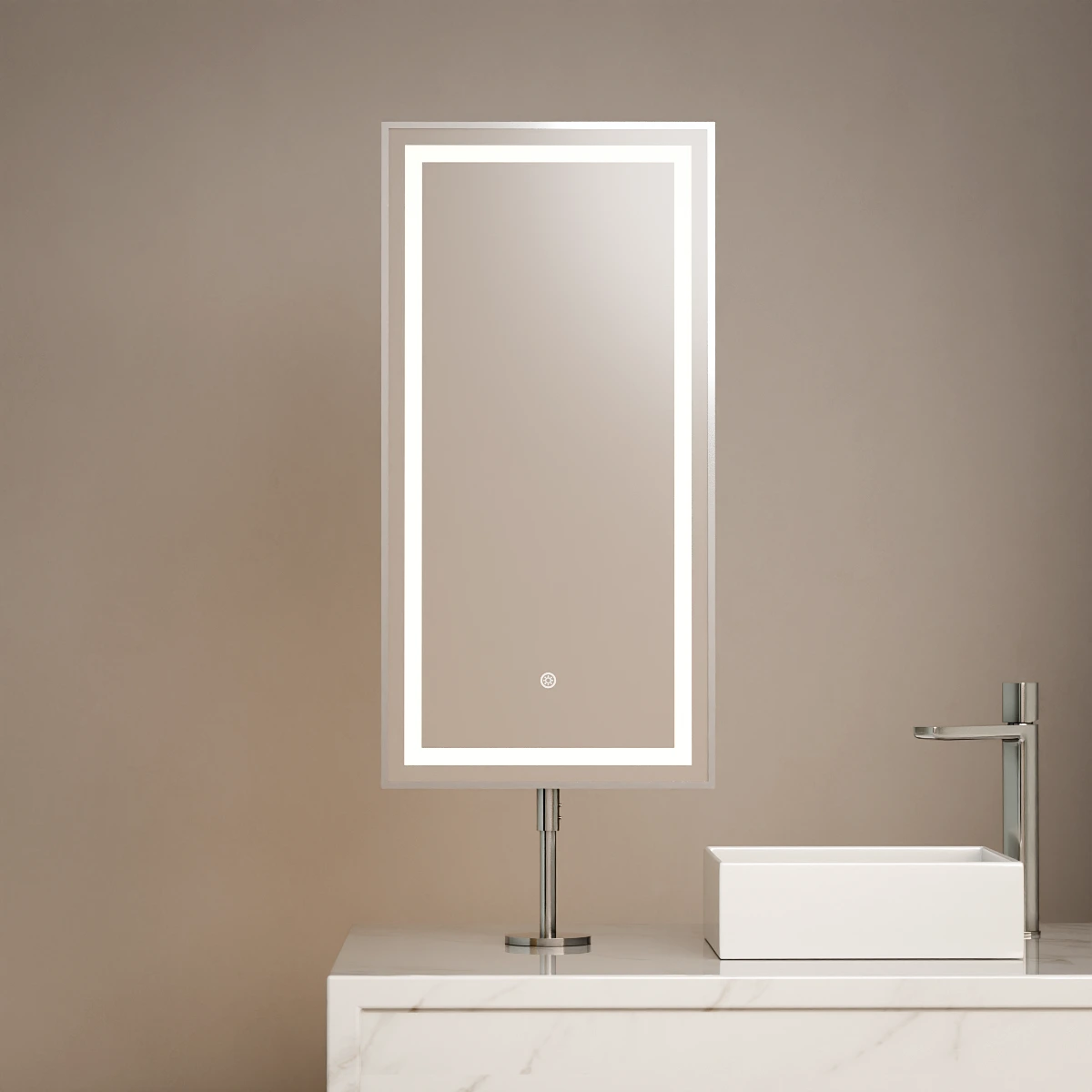 Miroir Chatelet LED 40x80 cm avec fonction anti-buée, fixé sur plan de toilette avec tube chrome réglable 40 cm