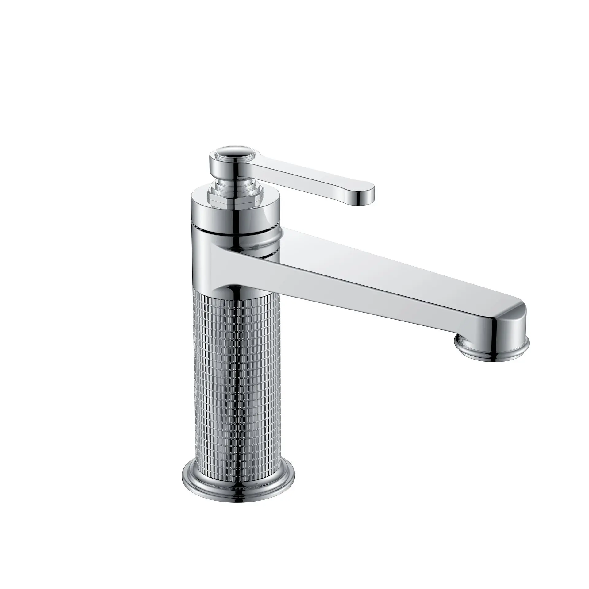 Mitigeur bas César finition chrome avec corps guilloché, installé sur plan avec vasque encastrée