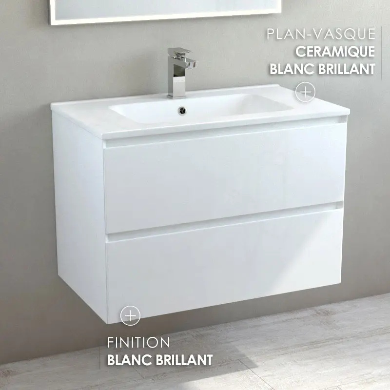 Meuble suspendu 80cm et plan vasque céramique, 2 tiroirs, blanc brillant, One.webp