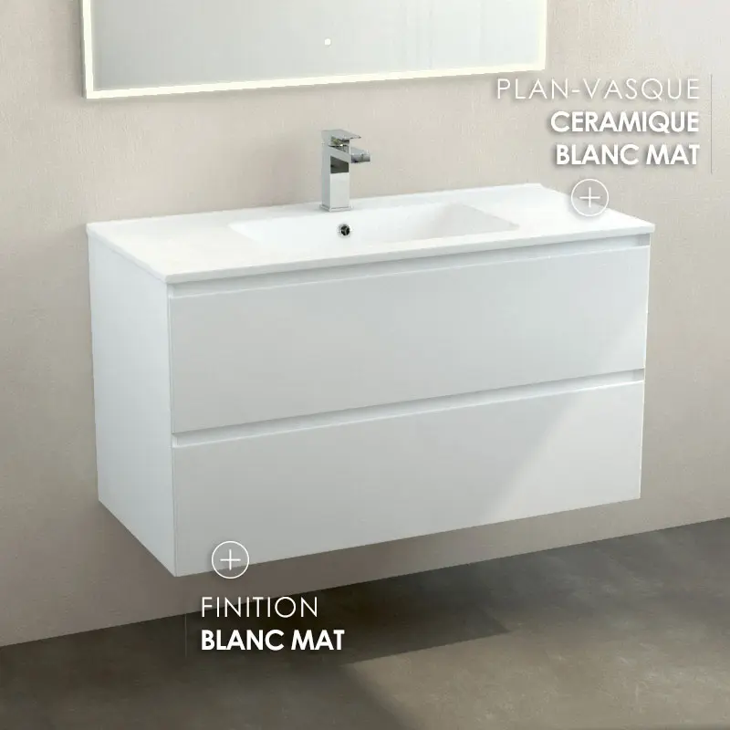 Meuble suspendu 100cm et plan vasque céramique, 2 tiroirs, blanc mat, One.webp