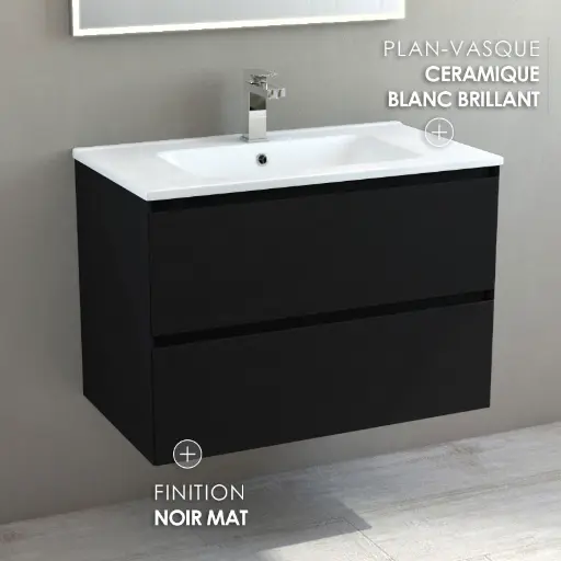 Meuble suspendu 80cm noir mat et plan vasque céramique blanc, One.webp