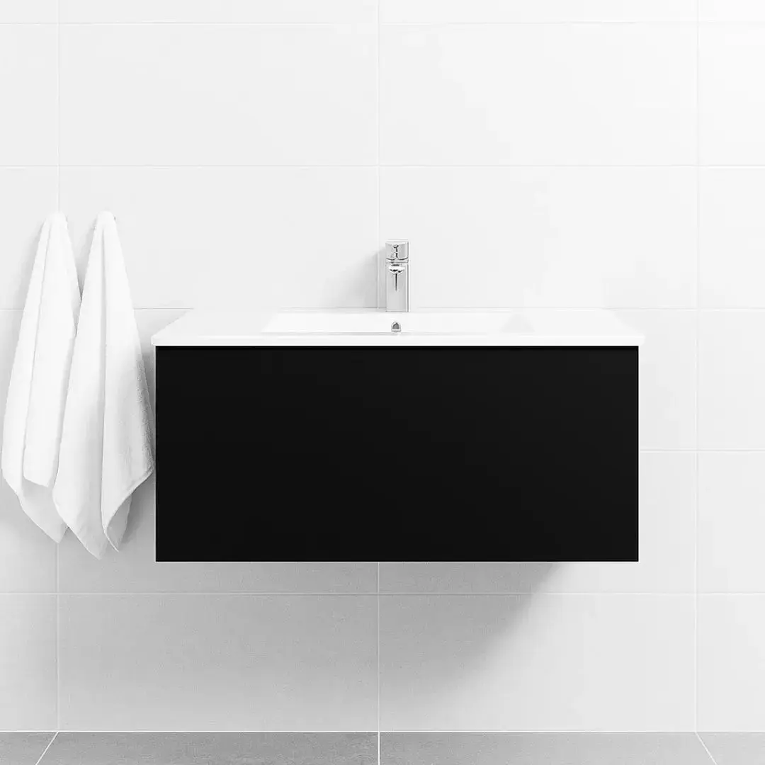 Meuble salle de bain suspendu 60 ou 80 cm, Noir mat, avec tiroir et vasque céramique, Caruso