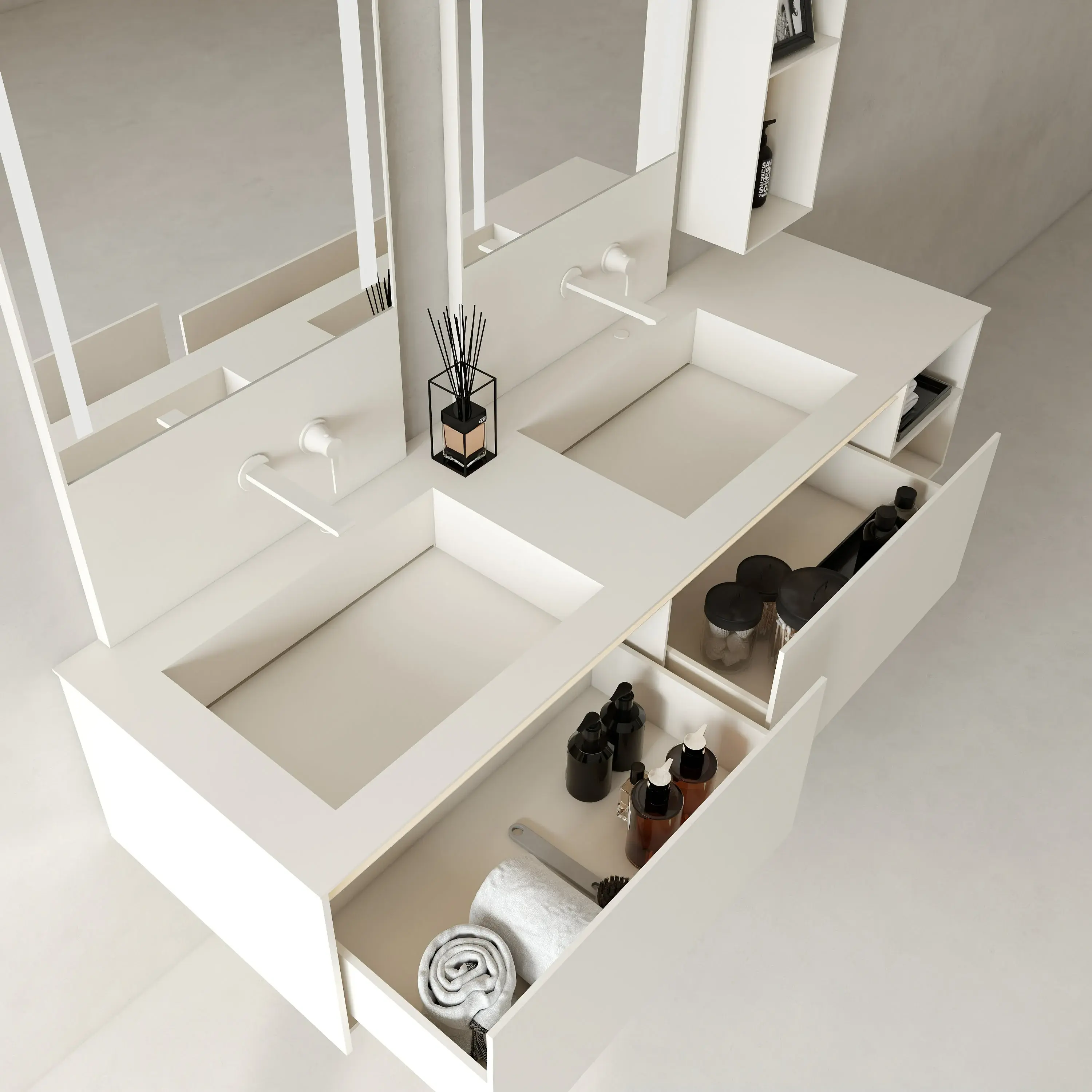 Ensemble Meuble vasque, 180cm, robinetterie, crédences, miroirs, colonnes de rangement, Cream white, Aero 