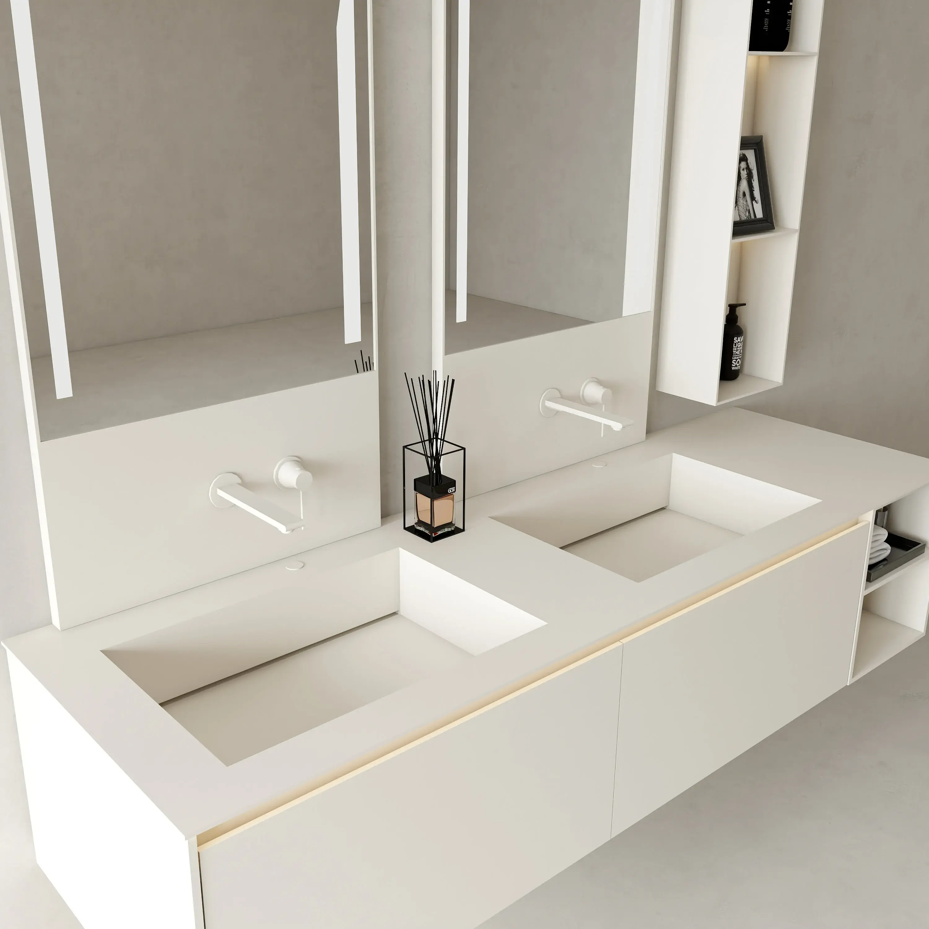 Ensemble Meuble vasque, 180cm, robinetterie, crédences, miroirs, colonnes de rangement, Cream white, Aero 