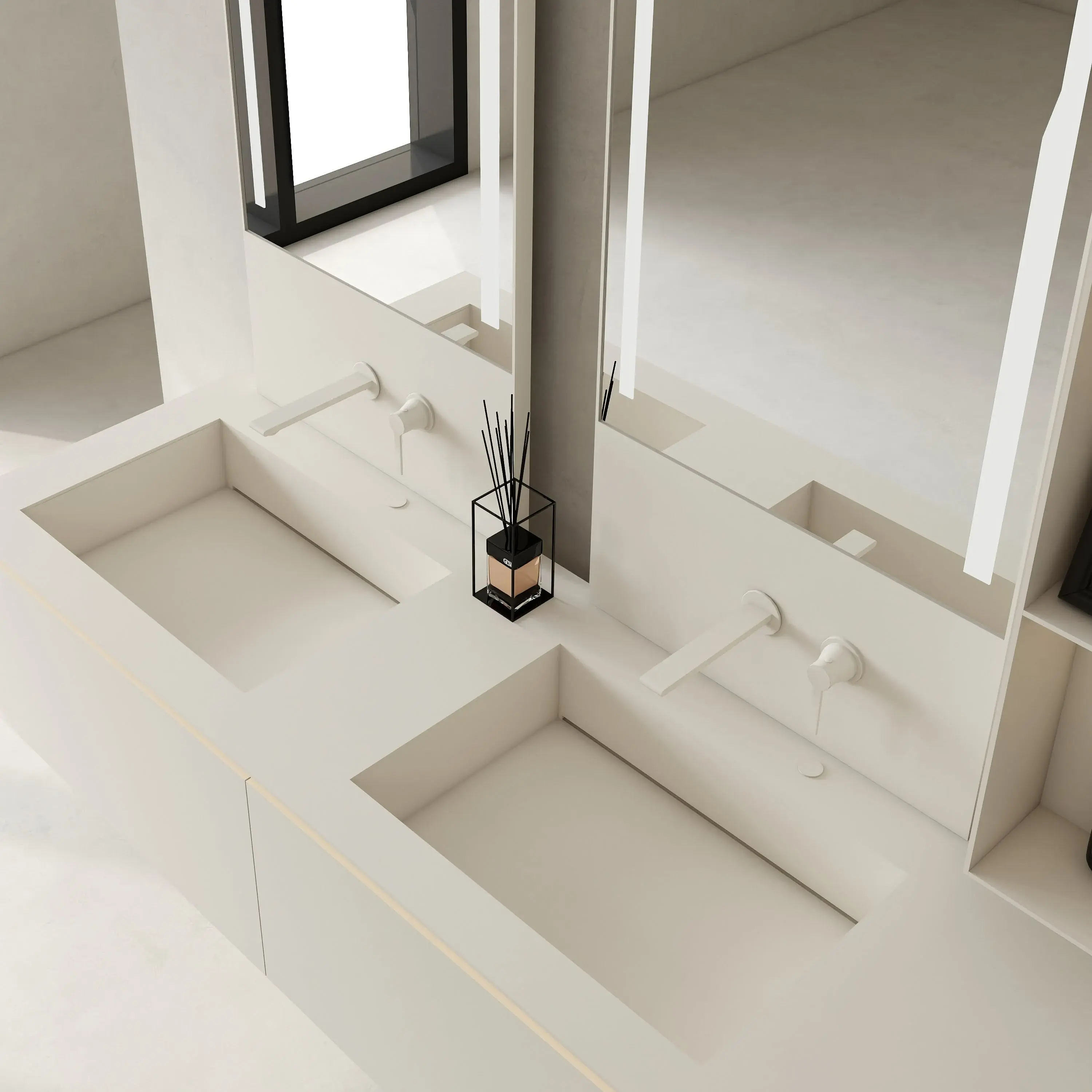 Ensemble Meuble vasque, 180cm, robinetterie, crédences, miroirs, colonnes de rangement, Cream white, Aero 