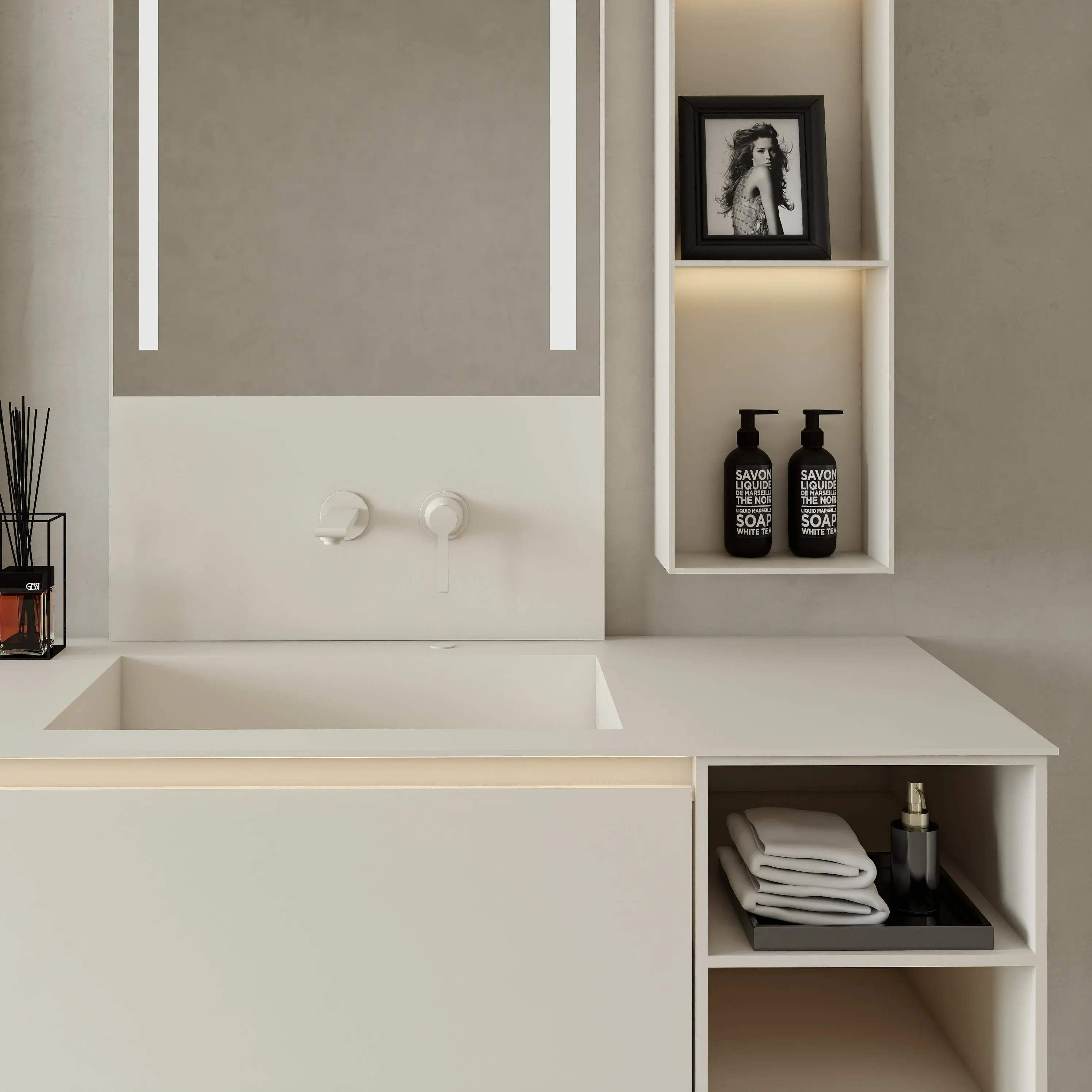 Ensemble Meuble vasque, 180cm, robinetterie, crédences, miroirs, colonnes de rangement, Cream white, Aero 