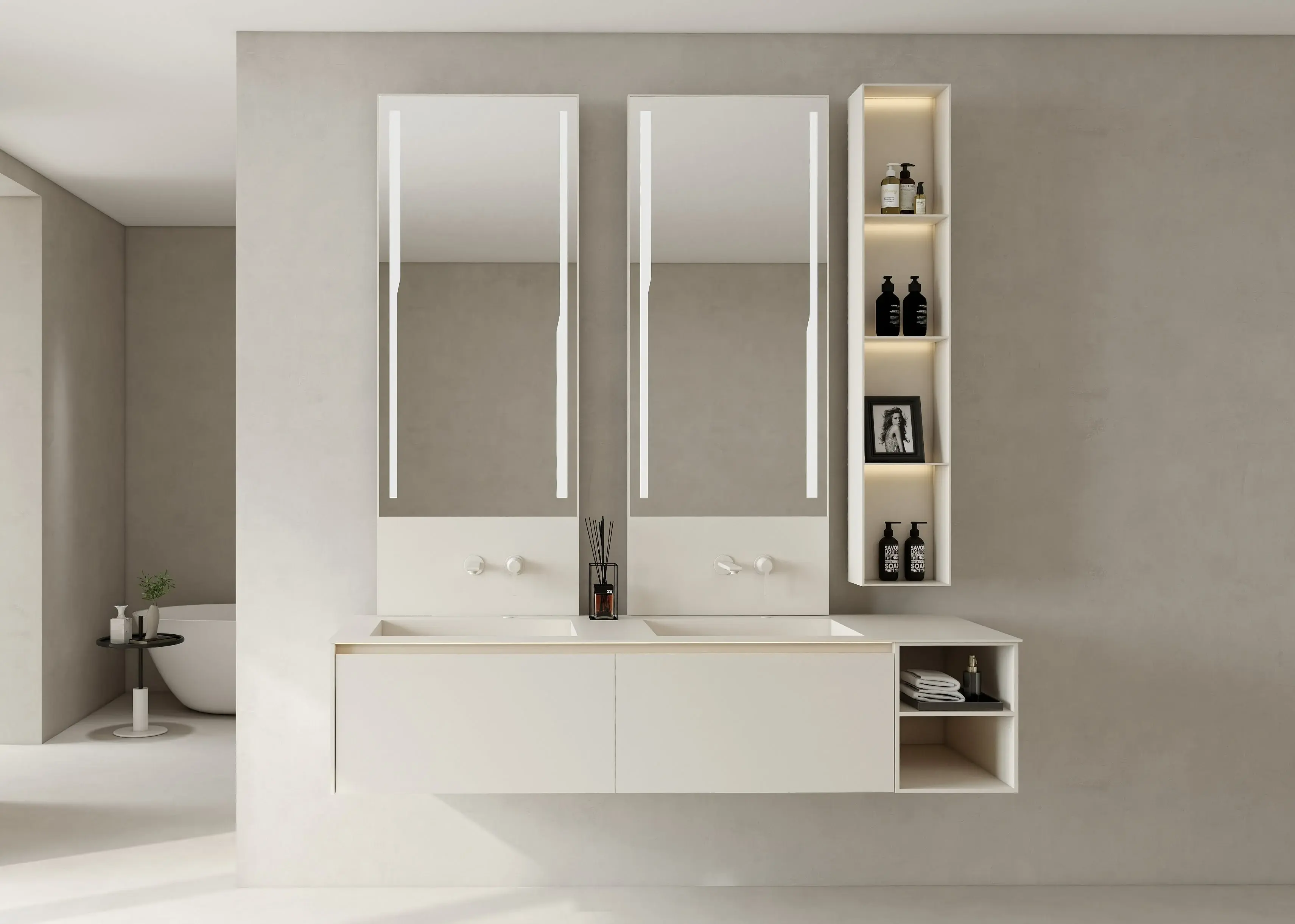 Meuble vasque suspendu Aero 180 cm en aluminium aviation avec vasques intégrées, miroirs LED verticaux et colonne ouverte éclairée – finition Cream White.