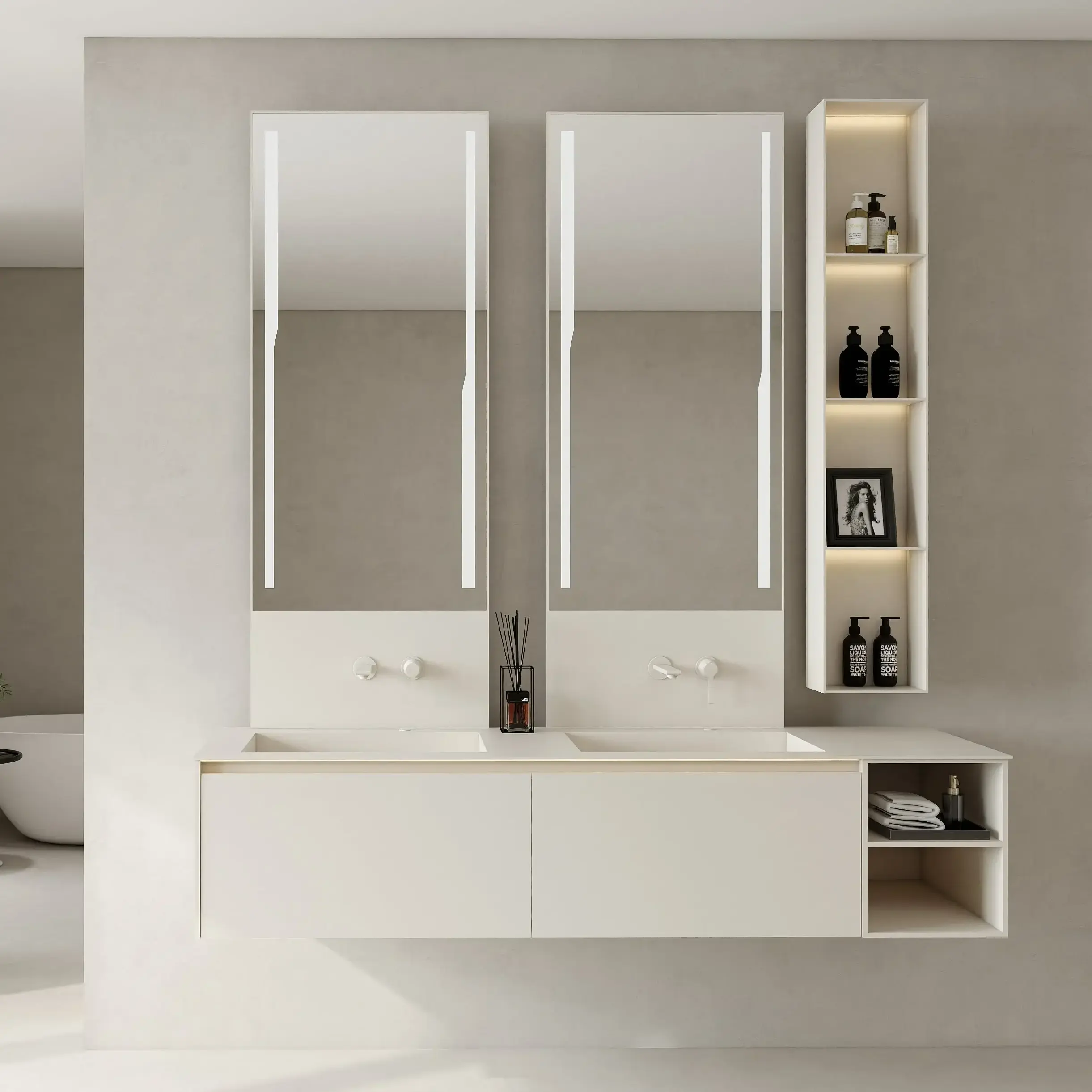 Ensemble Meuble vasque, 180cm, robinetterie, crédences, miroirs, colonnes de rangement, Cream white, Aero 