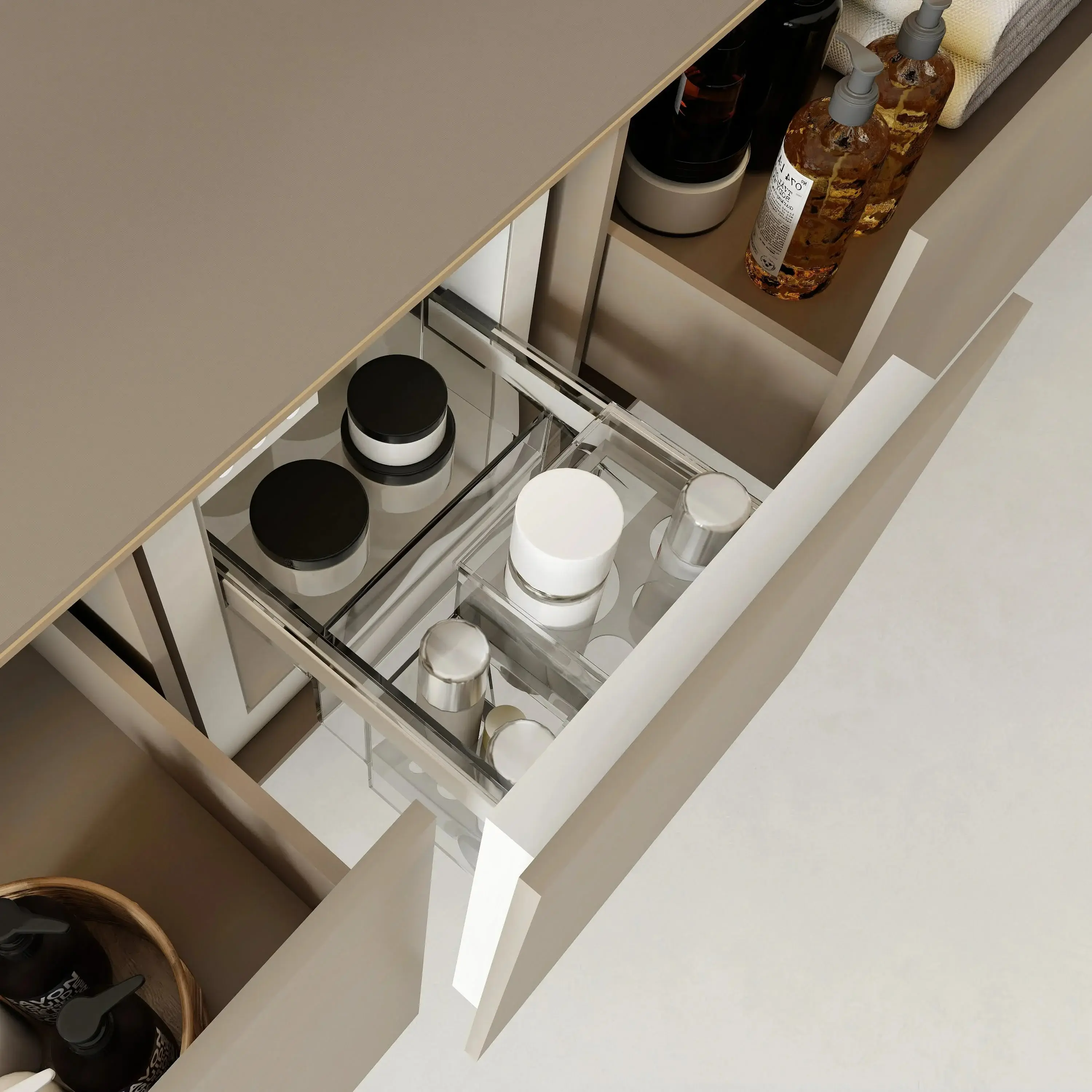 Ensemble Meuble vasque 200cm, caisson cosmétique réfrigéré, robinetterie, miroir avec rangement, Aero 03