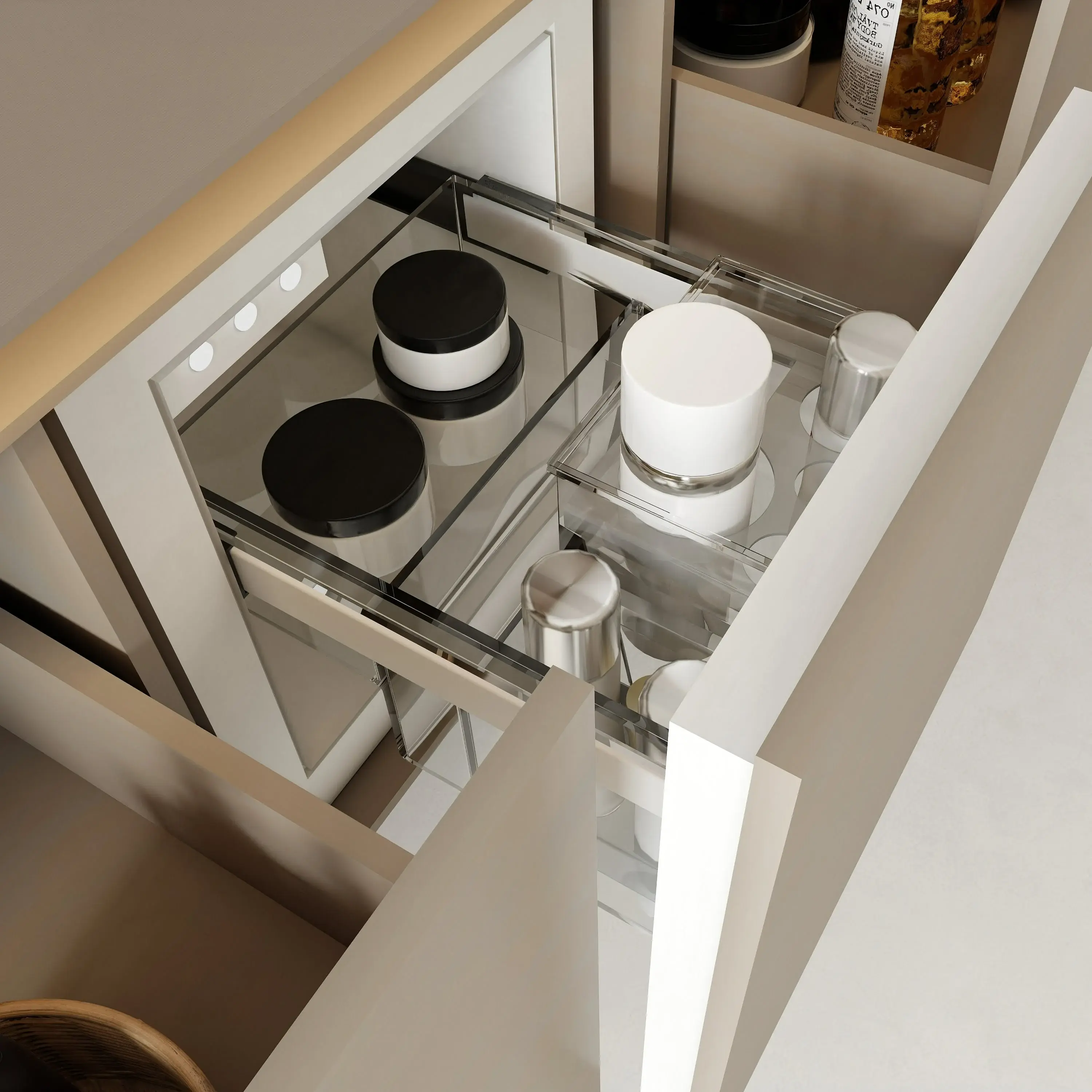 Ensemble Meuble vasque 200cm, caisson cosmétique réfrigéré, robinetterie, miroir avec rangement, Aero 03