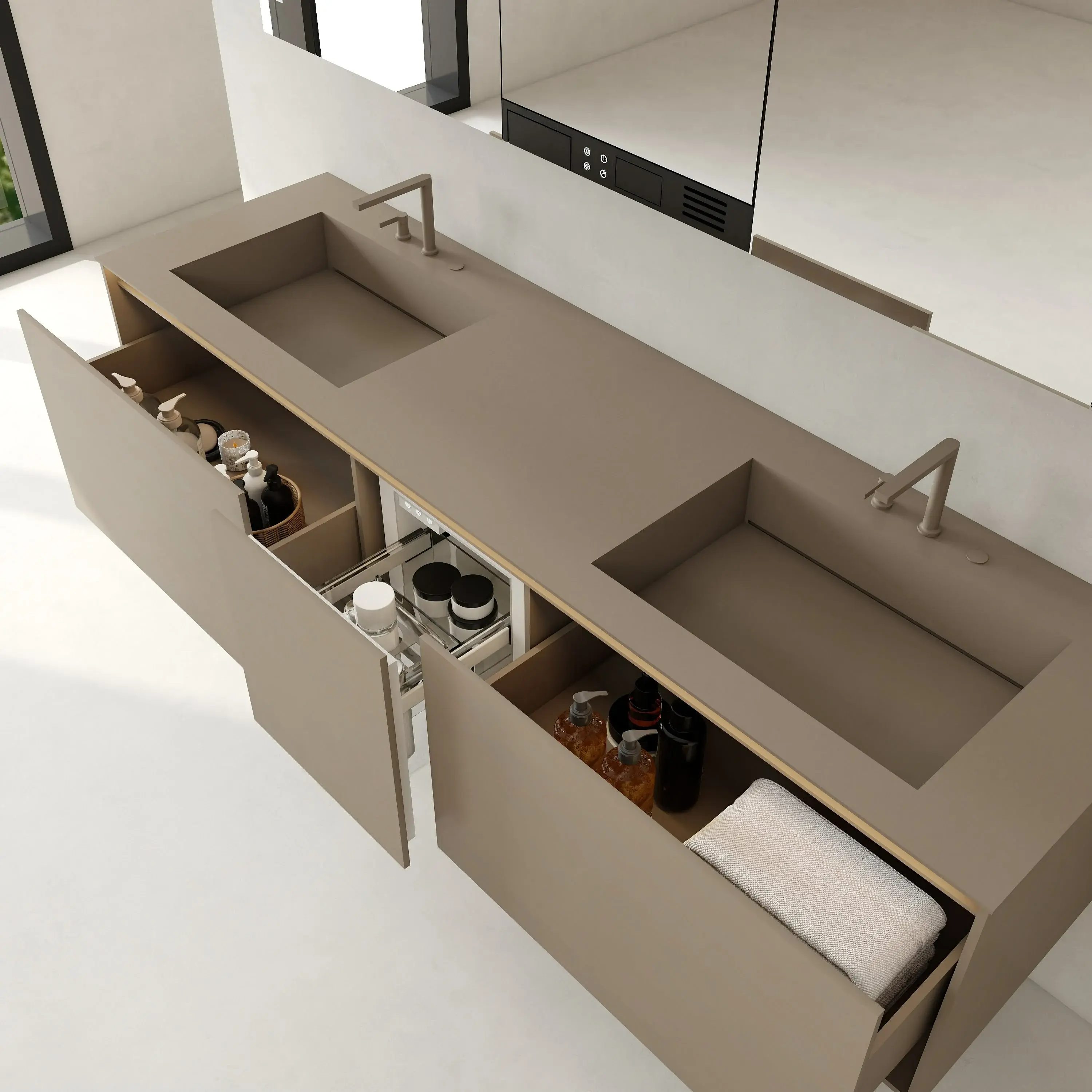 Ensemble Meuble vasque 200cm, caisson cosmétique réfrigéré, robinetterie, miroir avec rangement, Aero 03