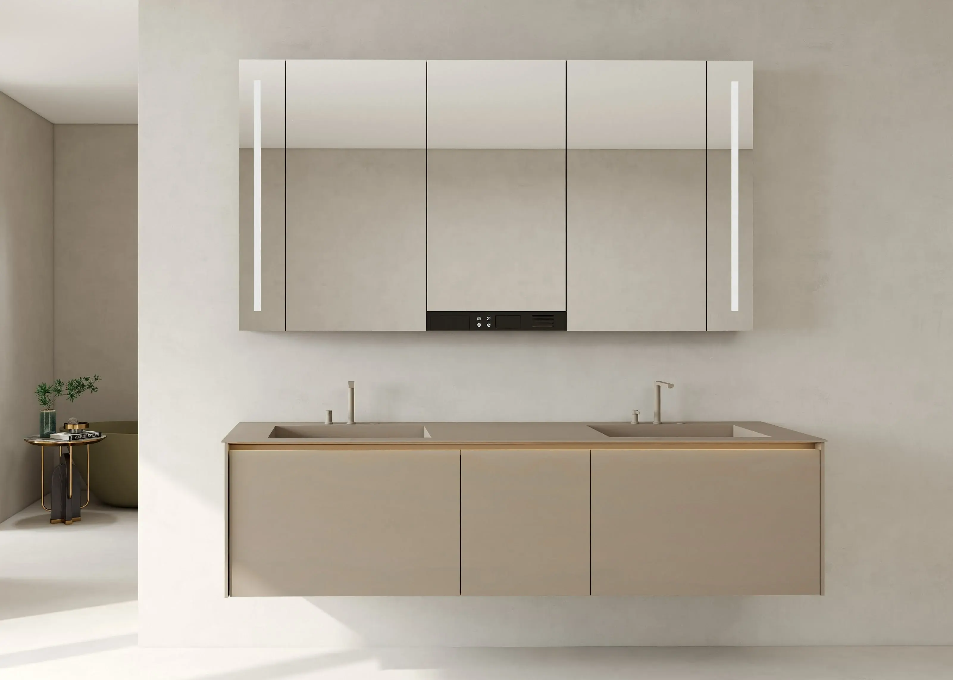 Ensemble meuble vasque 200cm en aluminium aviation avec vasque intégrée, caisson cosmétique réfrigéré, robinetterie Khaki et miroir LED avec rangement Aero 03, design moderne pour salle de bain.